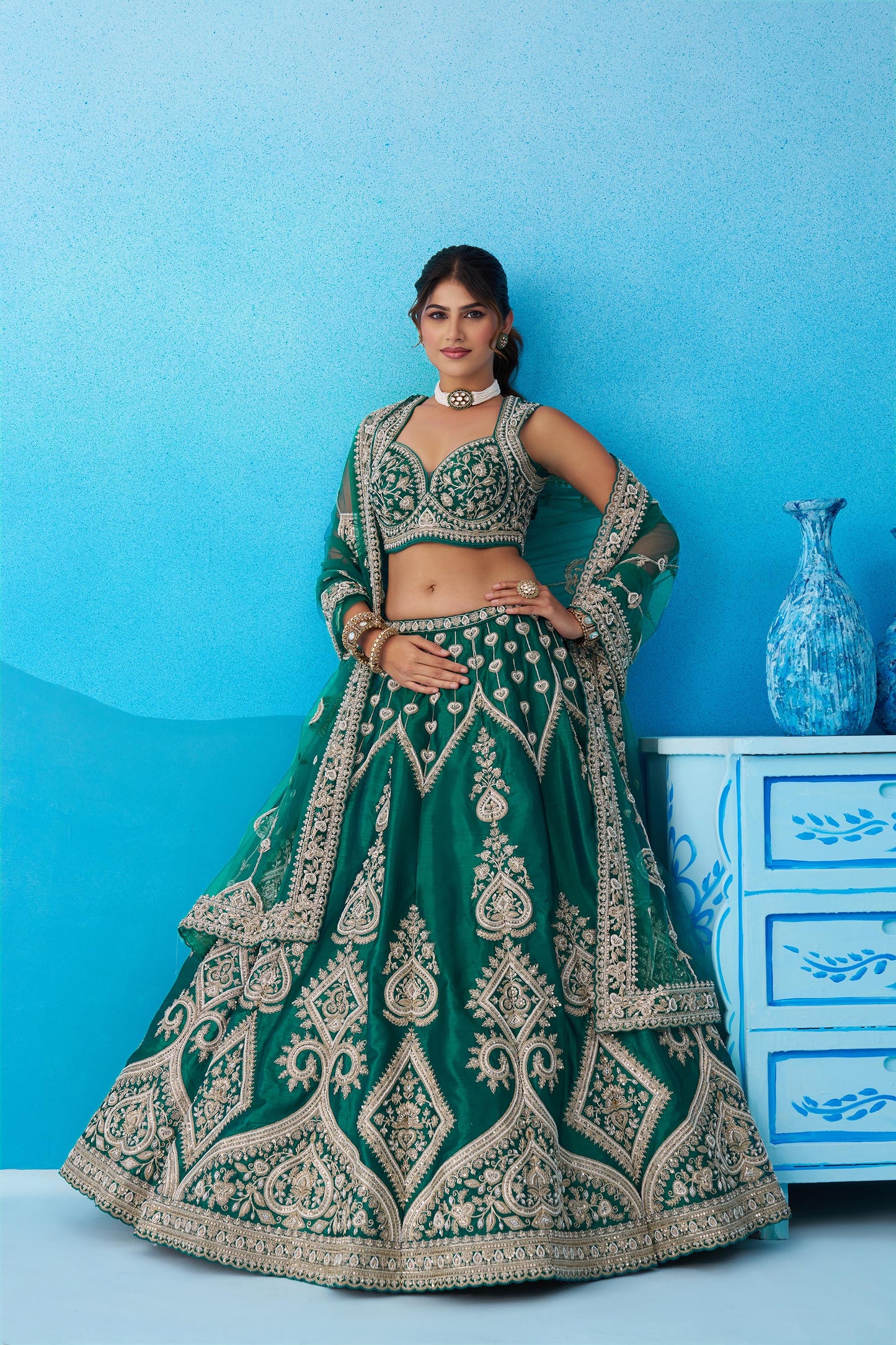 Green Silk Beads & Sequins Embroidered Bridal Lehenga for Mehendi