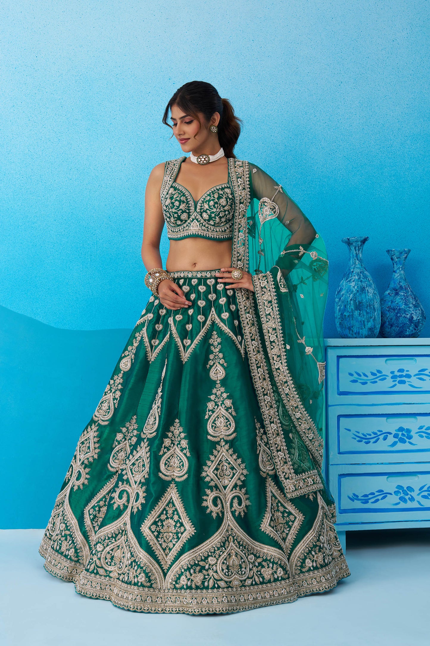 Green Silk Beads & Sequins Embroidered Bridal Lehenga for Mehendi