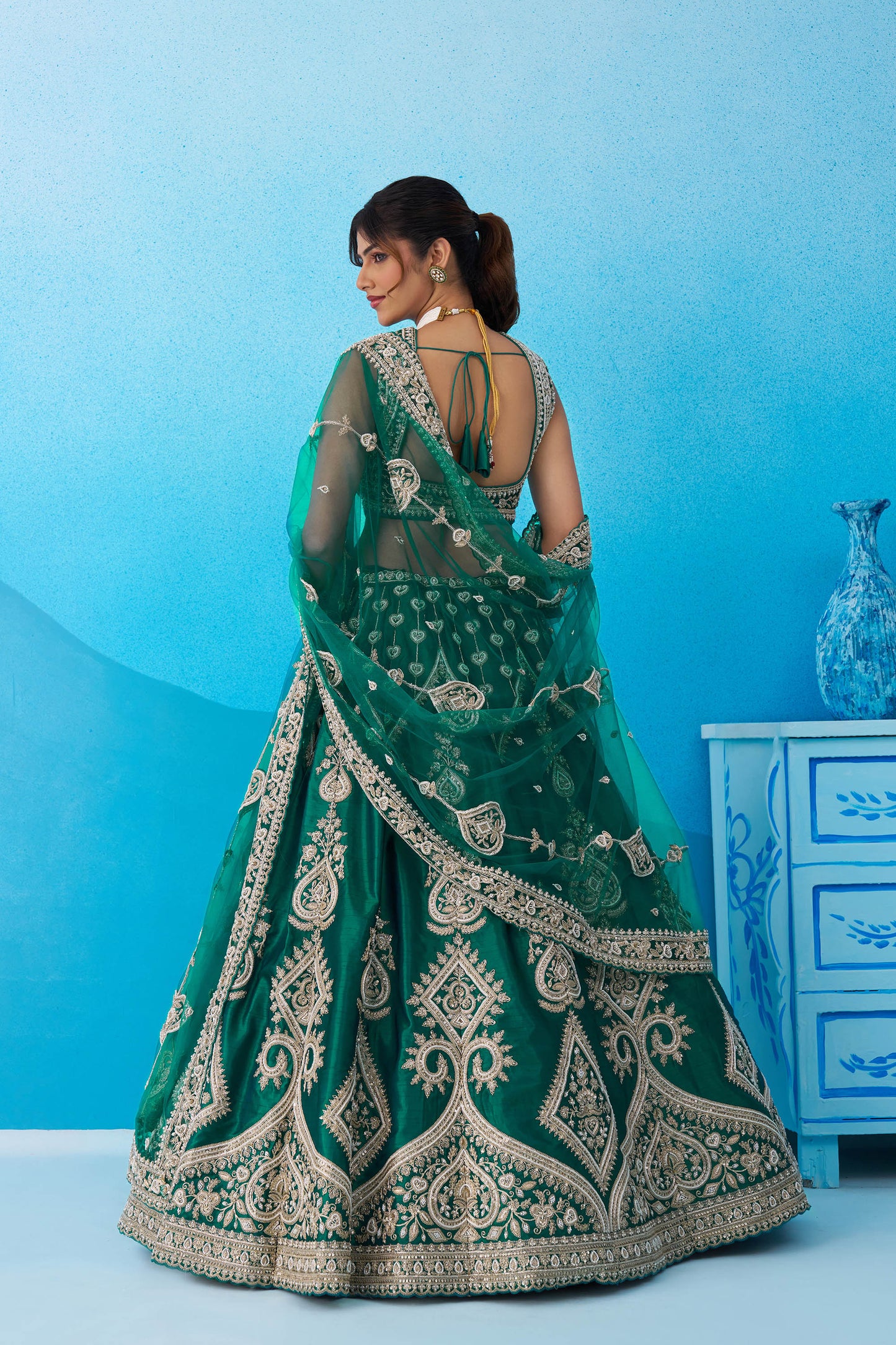 Green Silk Beads & Sequins Embroidered Bridal Lehenga for Mehendi