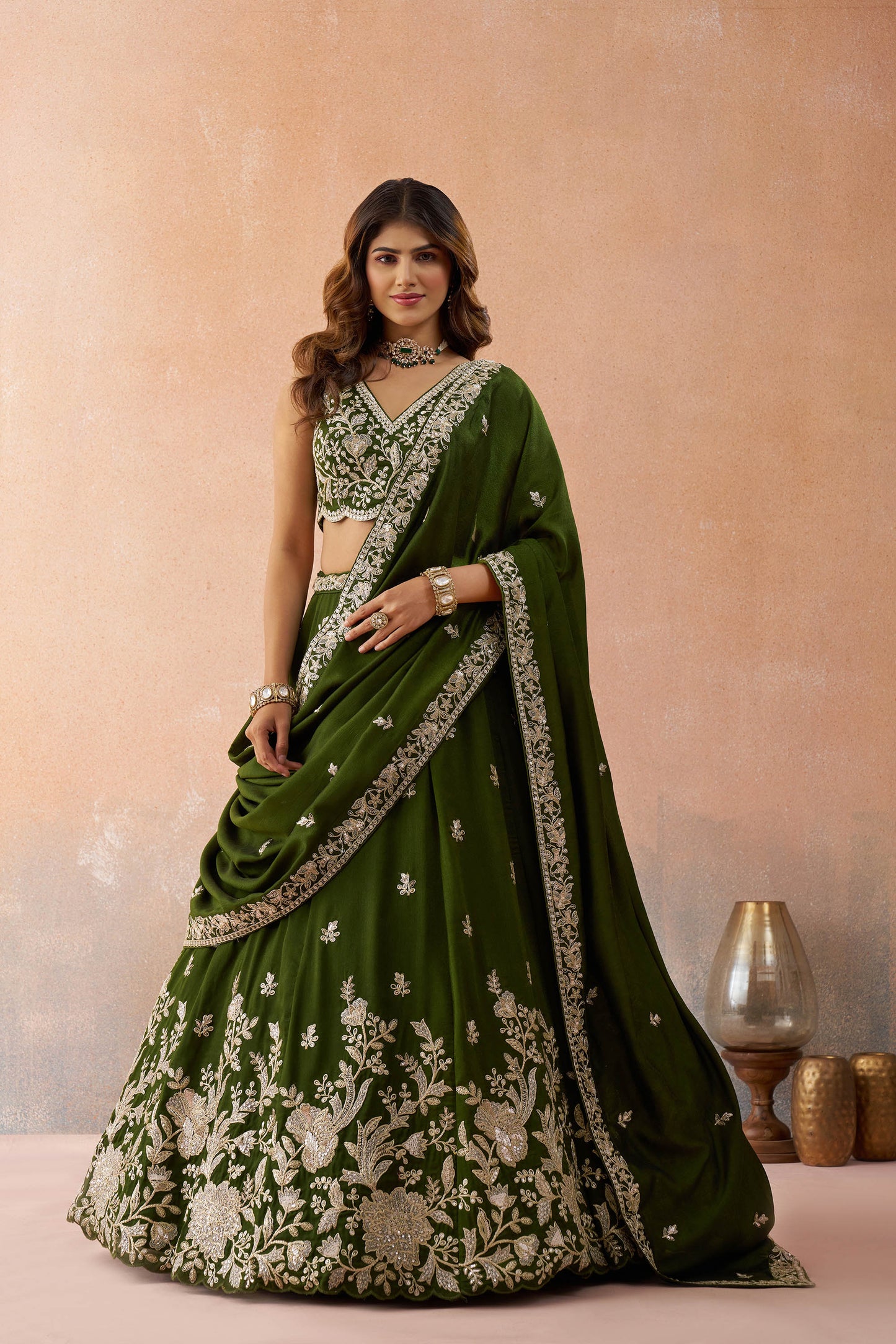 Olive Green Tissue Sequinned with Zari Embroidered Bridal Lehenga Choli for Mehendi