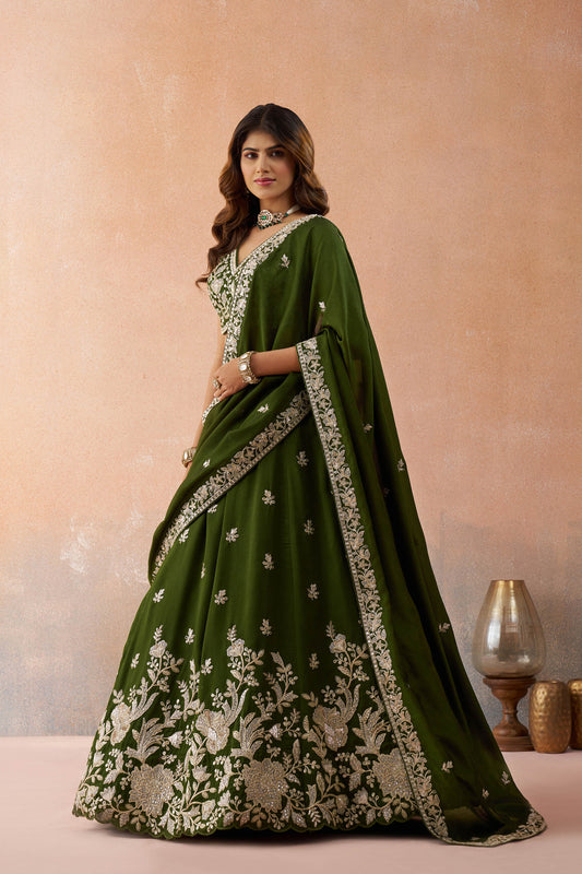 Olive Green Tissue Sequinned with Zari Embroidered Bridal Lehenga Choli for Mehendi
