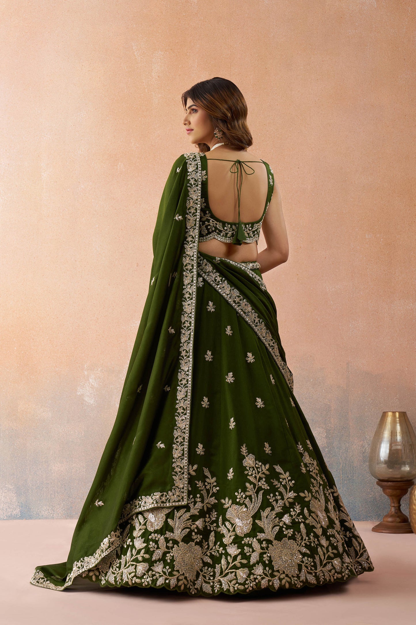 Olive Green Tissue Sequinned with Zari Embroidered Bridal Lehenga Choli for Mehendi