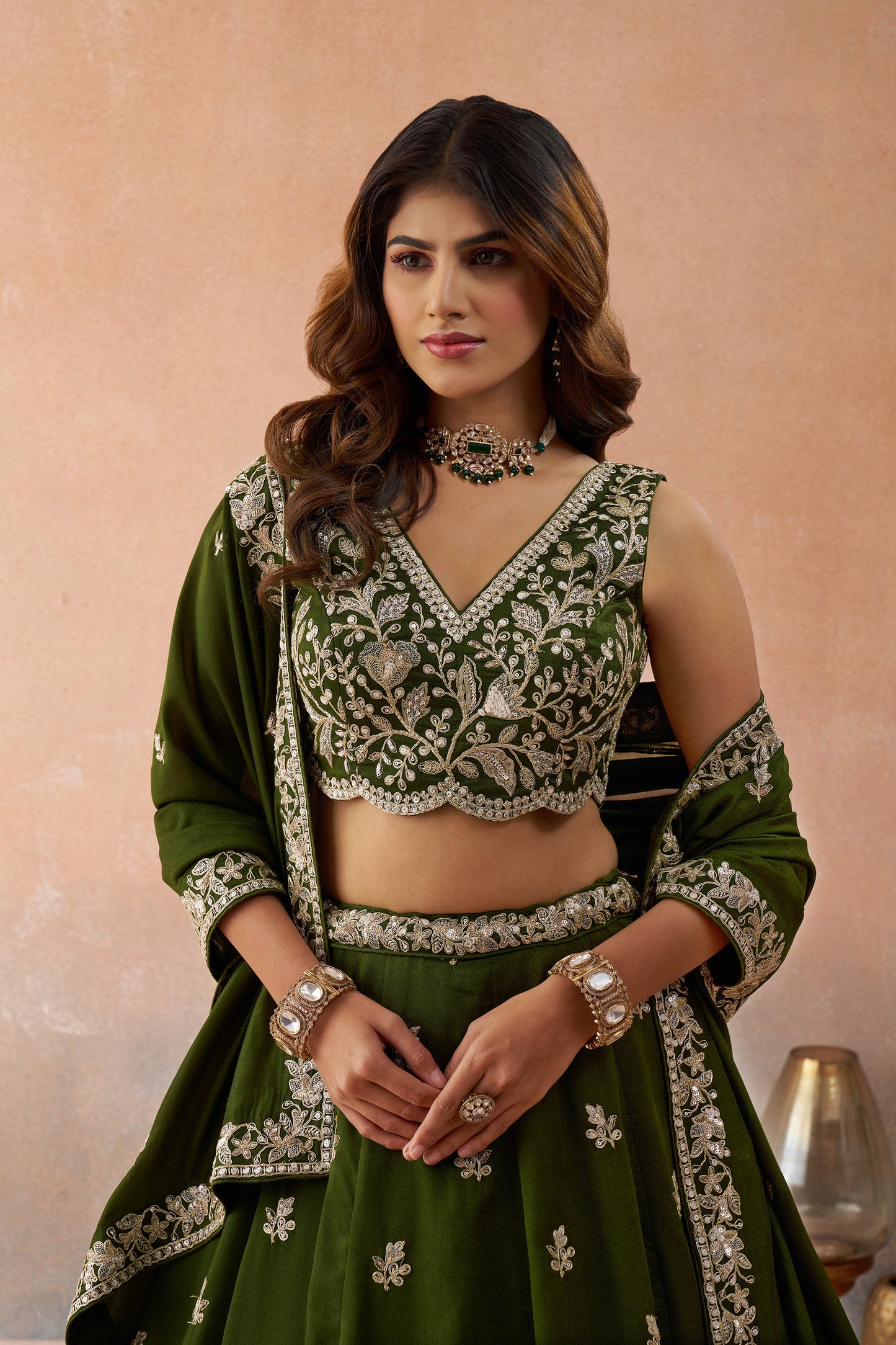 Olive Green Tissue Sequinned with Zari Embroidered Bridal Lehenga Choli for Mehendi