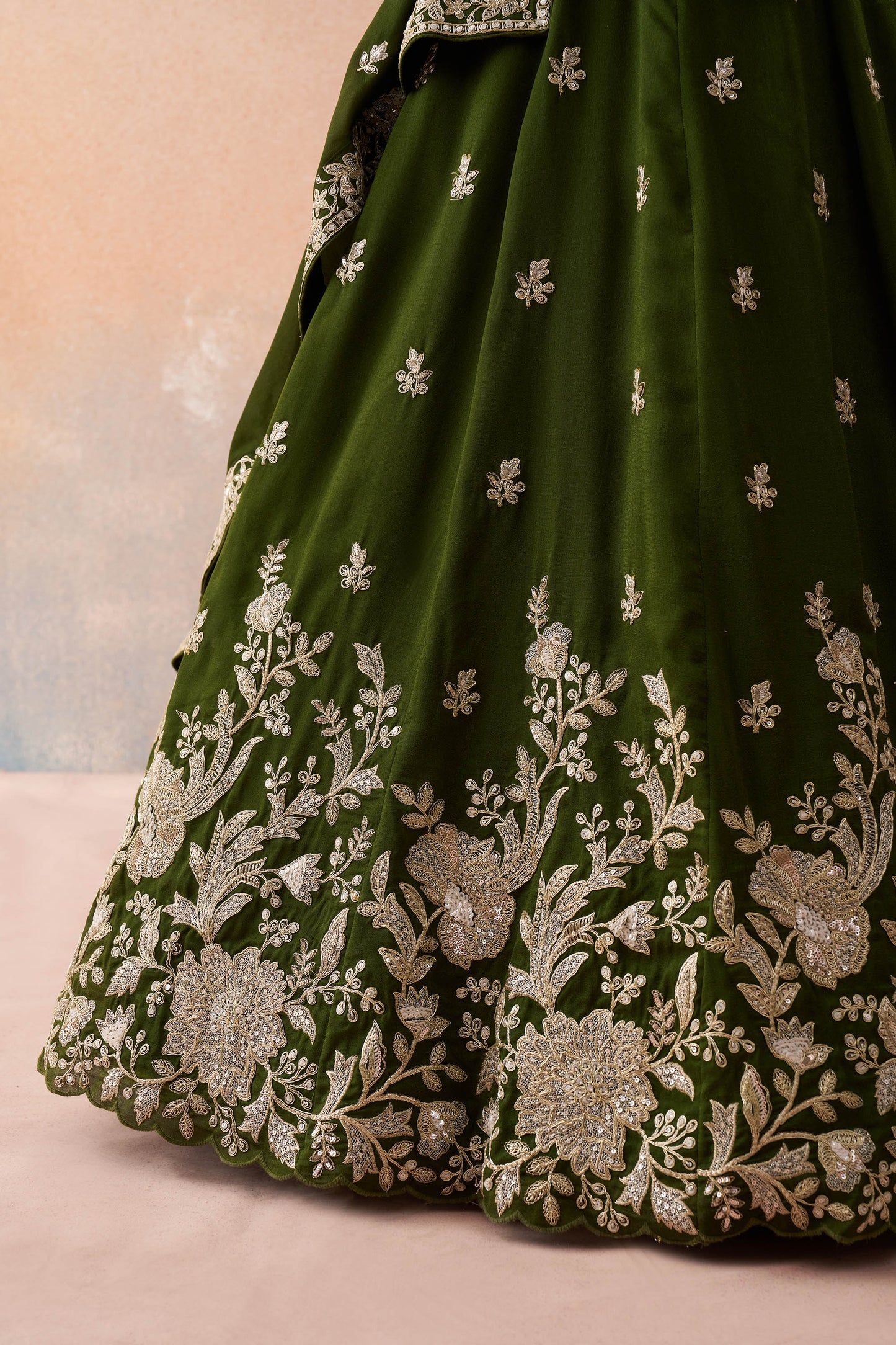 Olive Green Tissue Sequinned with Zari Embroidered Bridal Lehenga Choli for Mehendi