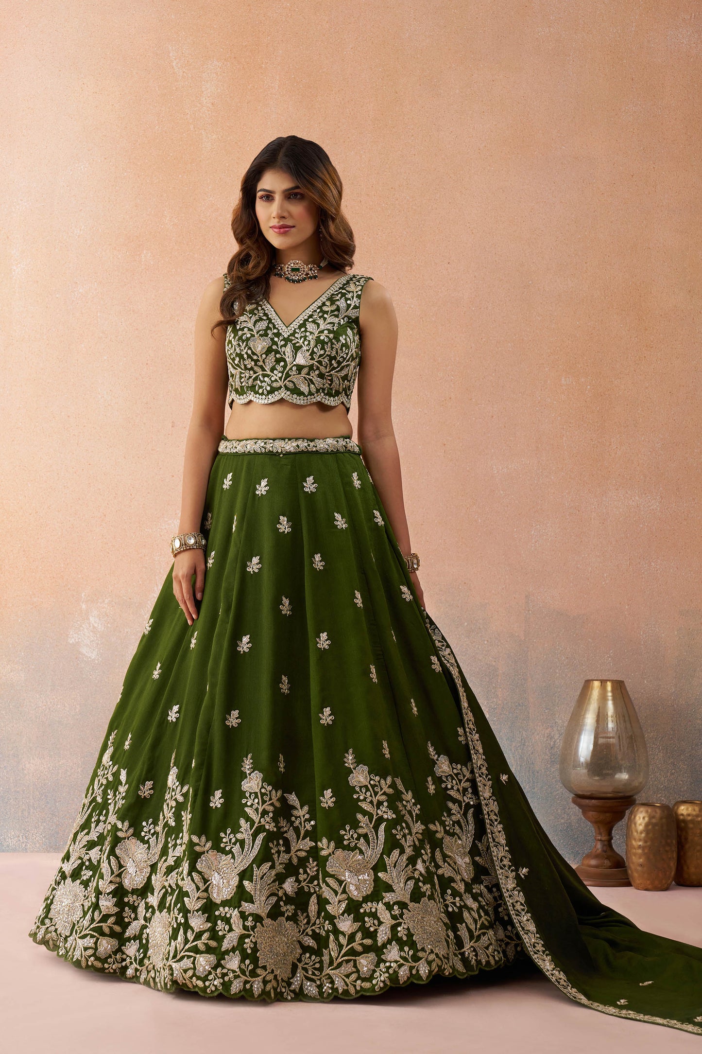 Olive Green Tissue Sequinned with Zari Embroidered Bridal Lehenga Choli for Mehendi