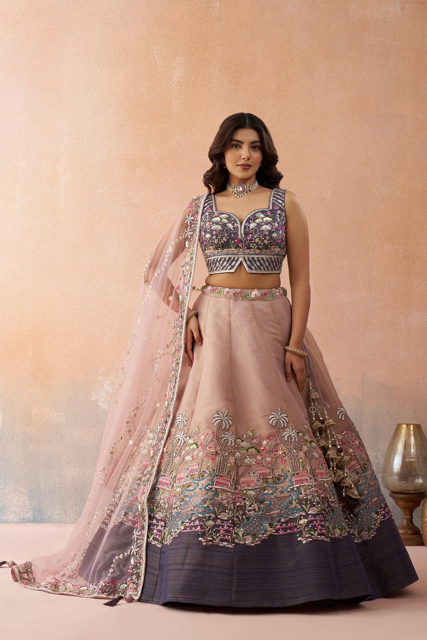 Ombre Purple and Mauve Net Sequins Embroidered Lehenga choli for Engagement