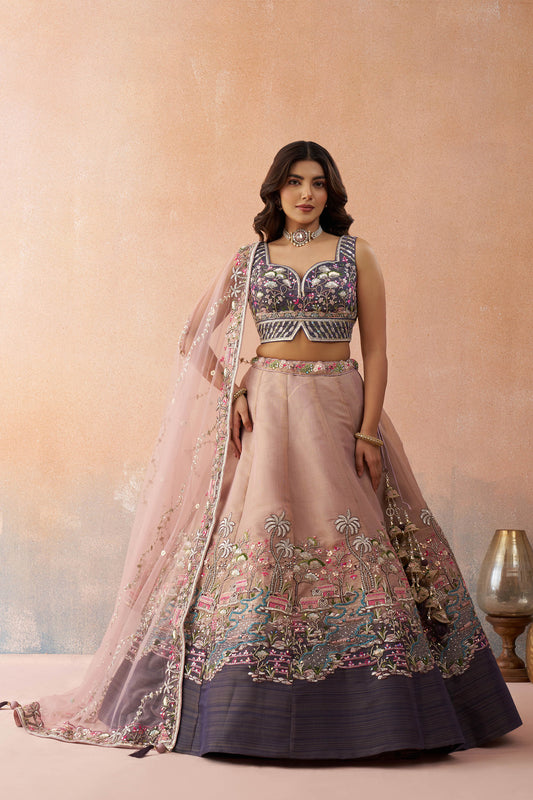 Ombre Purple and Mauve Net Sequins Embroidered Lehenga choli for Engagement