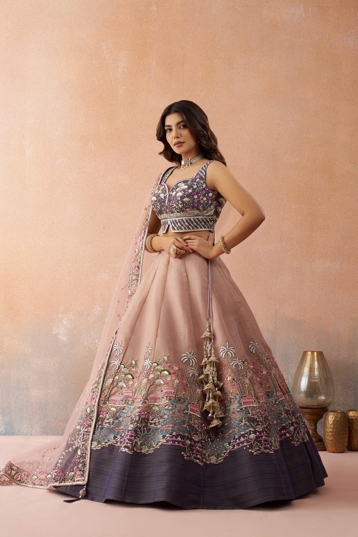 Ombre Purple and Mauve Net Sequins Embroidered Lehenga choli for Engagement