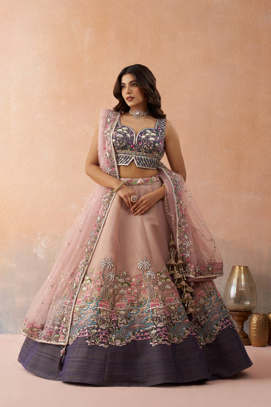 Ombre Purple and Mauve Net Sequins Embroidered Lehenga choli for Engagement