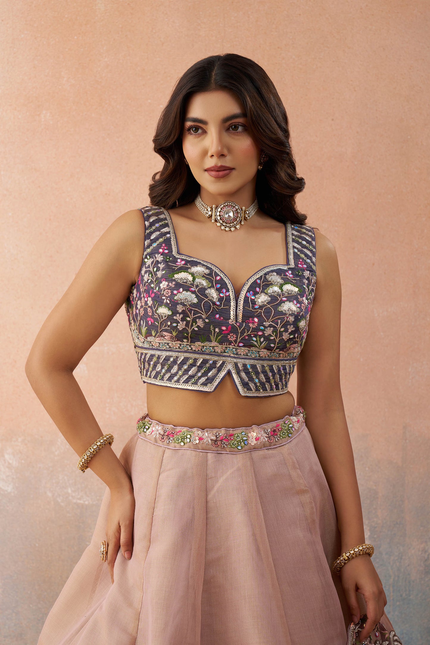 Ombre Purple and Mauve Net Sequins Embroidered Lehenga choli for Engagement