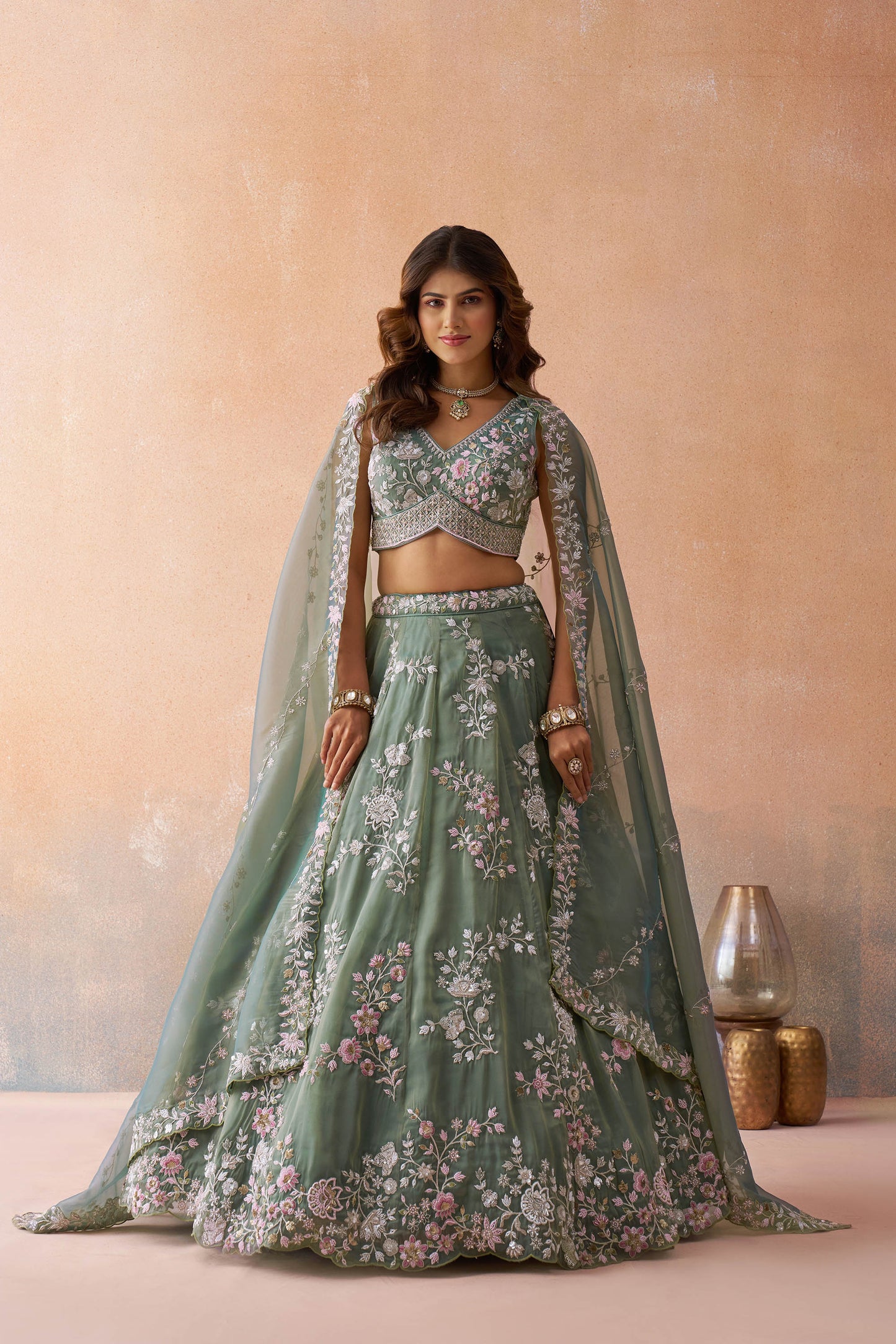 Green Tissue Beads & Sequins Embroidered Bridesmaid Lehenga