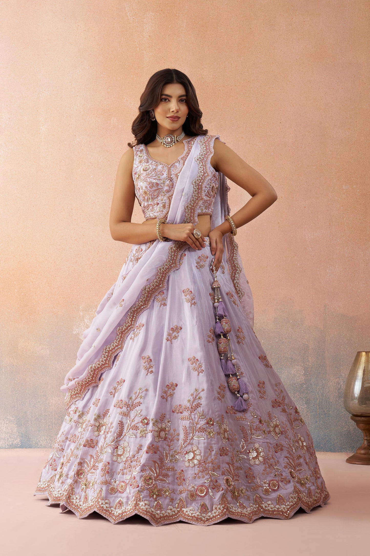 Lavender Tissue Sequins Embroidered Bridesmaid Lehenga