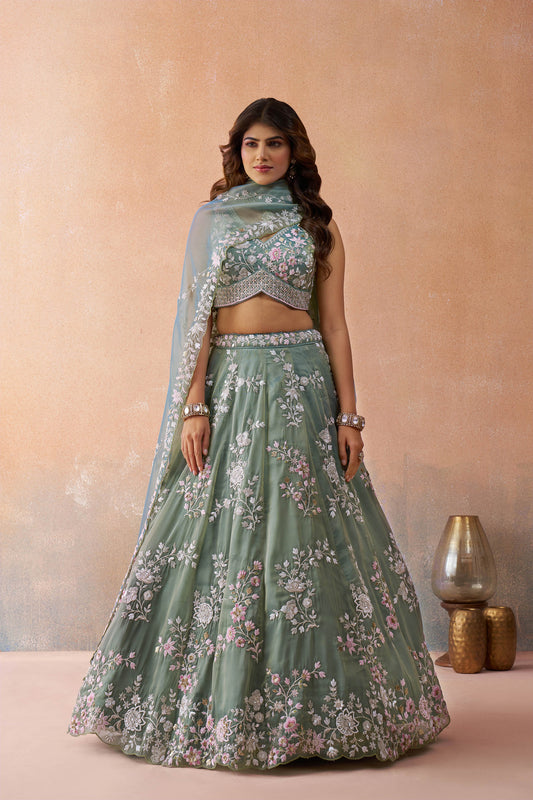 Green Tissue Beads & Sequins Embroidered Bridesmaid Lehenga