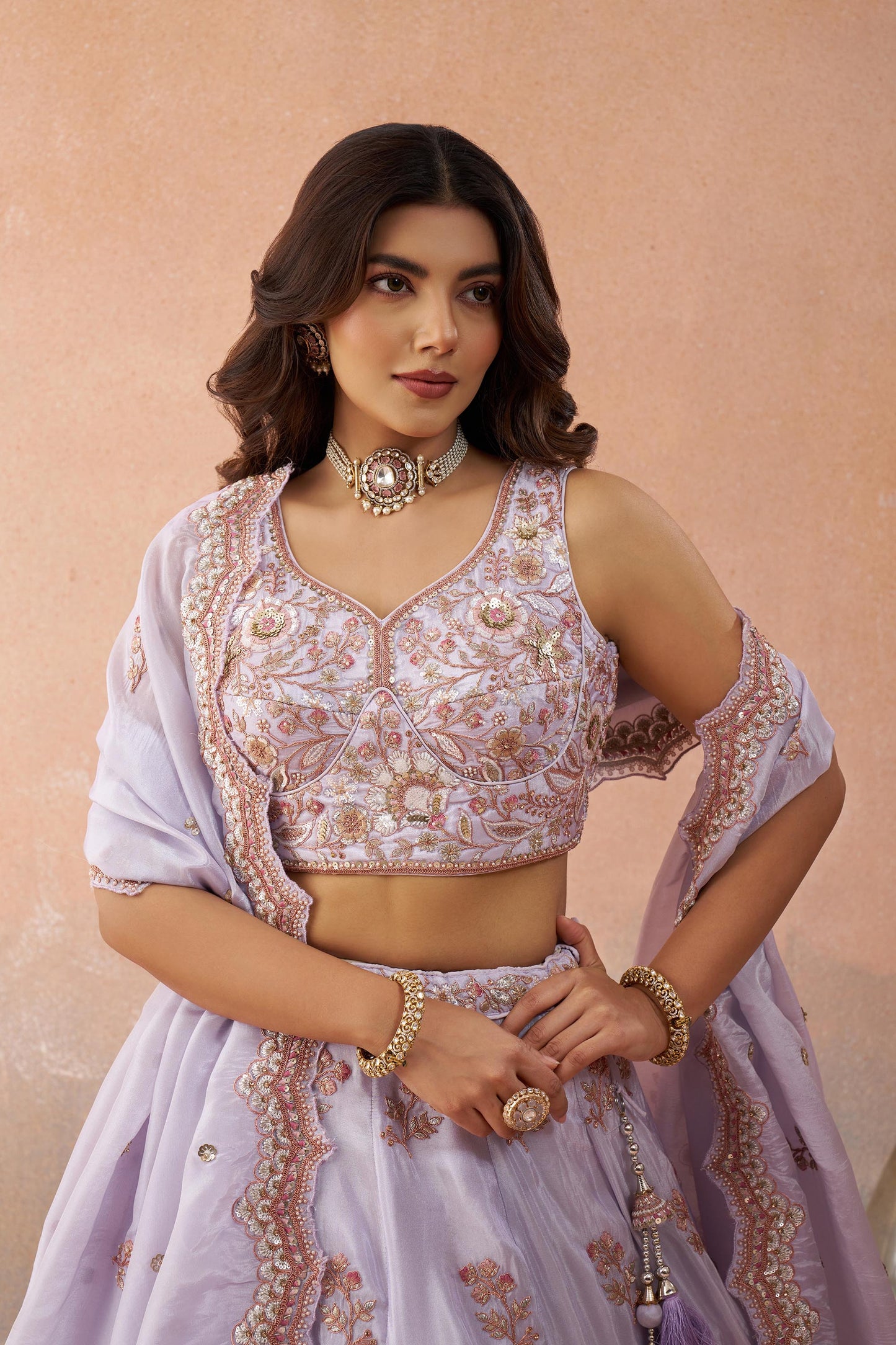Lavender Tissue Sequins Embroidered Bridesmaid Lehenga