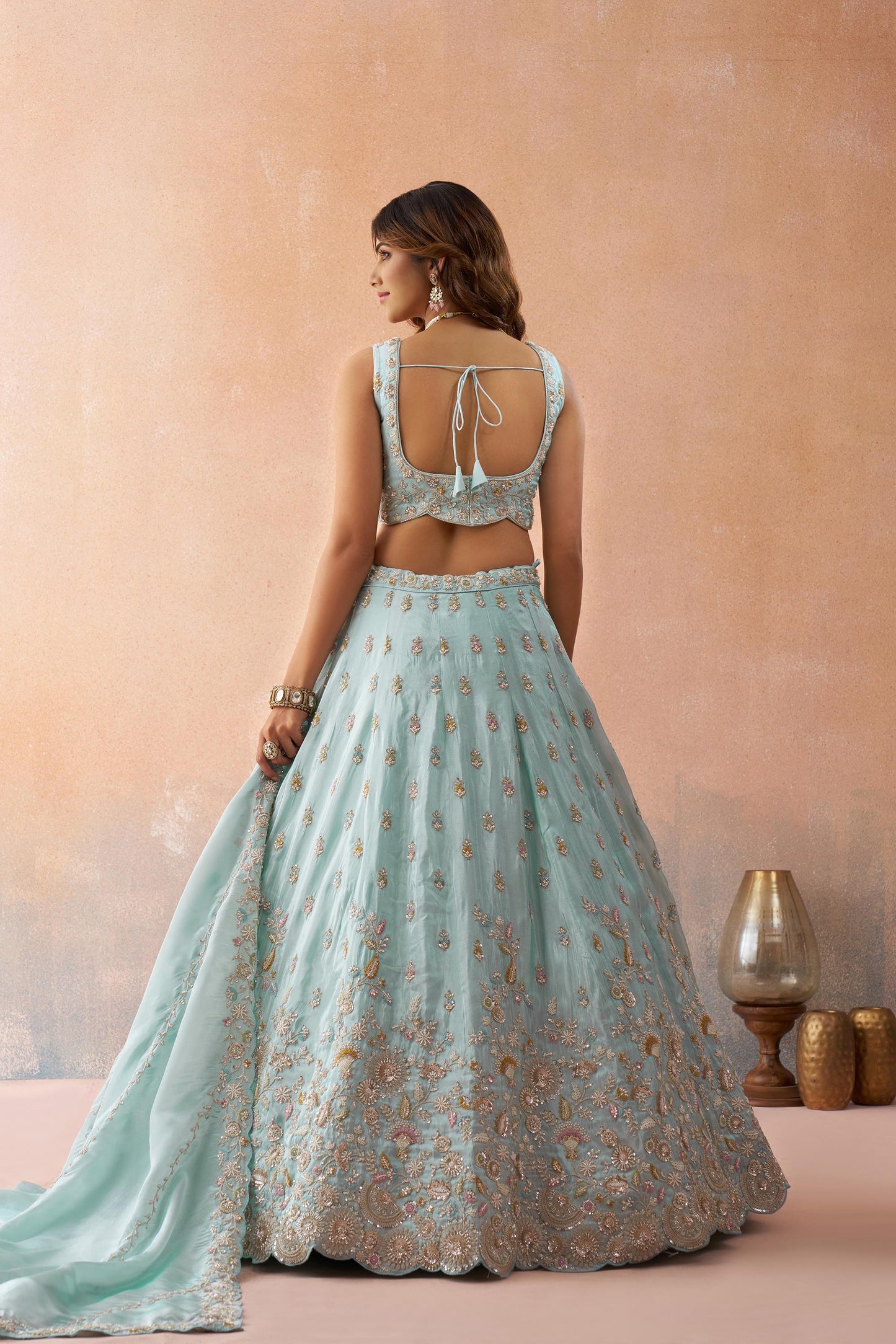 Sky Blue Tissue Beads & Sequins Embroidered Bridesmaid Lehenga