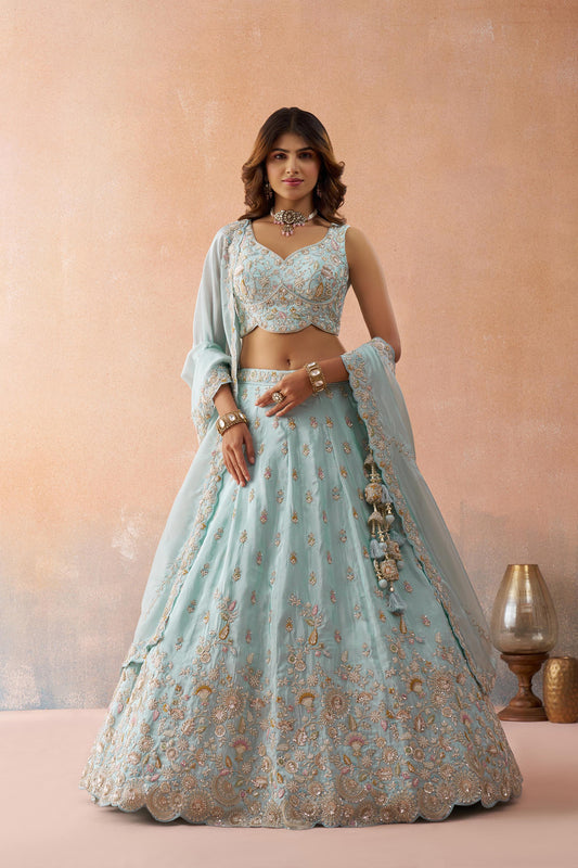 Sky Blue Tissue Beads & Sequins Embroidered Bridesmaid Lehenga