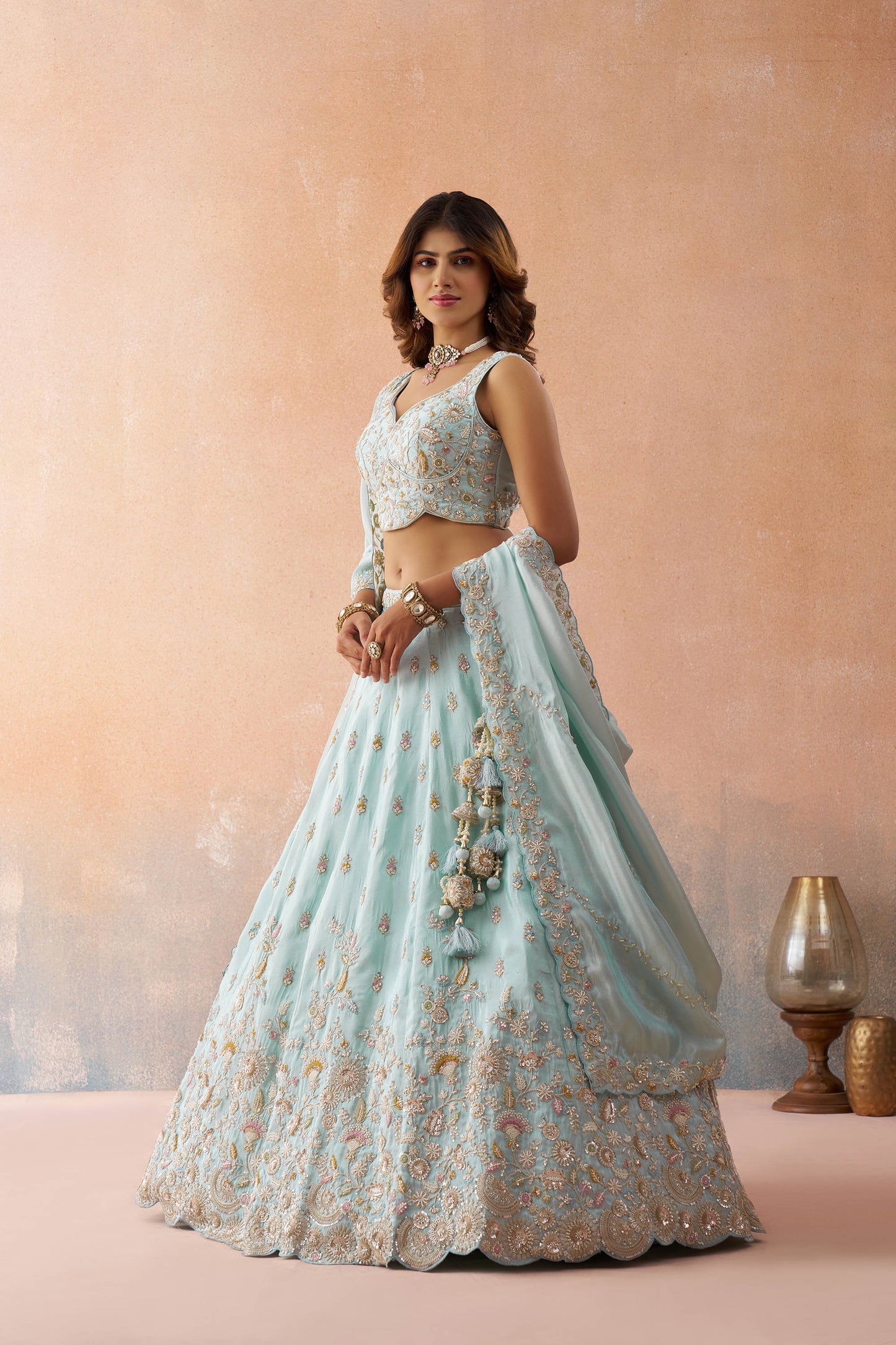Sky Blue Tissue Beads & Sequins Embroidered Bridesmaid Lehenga