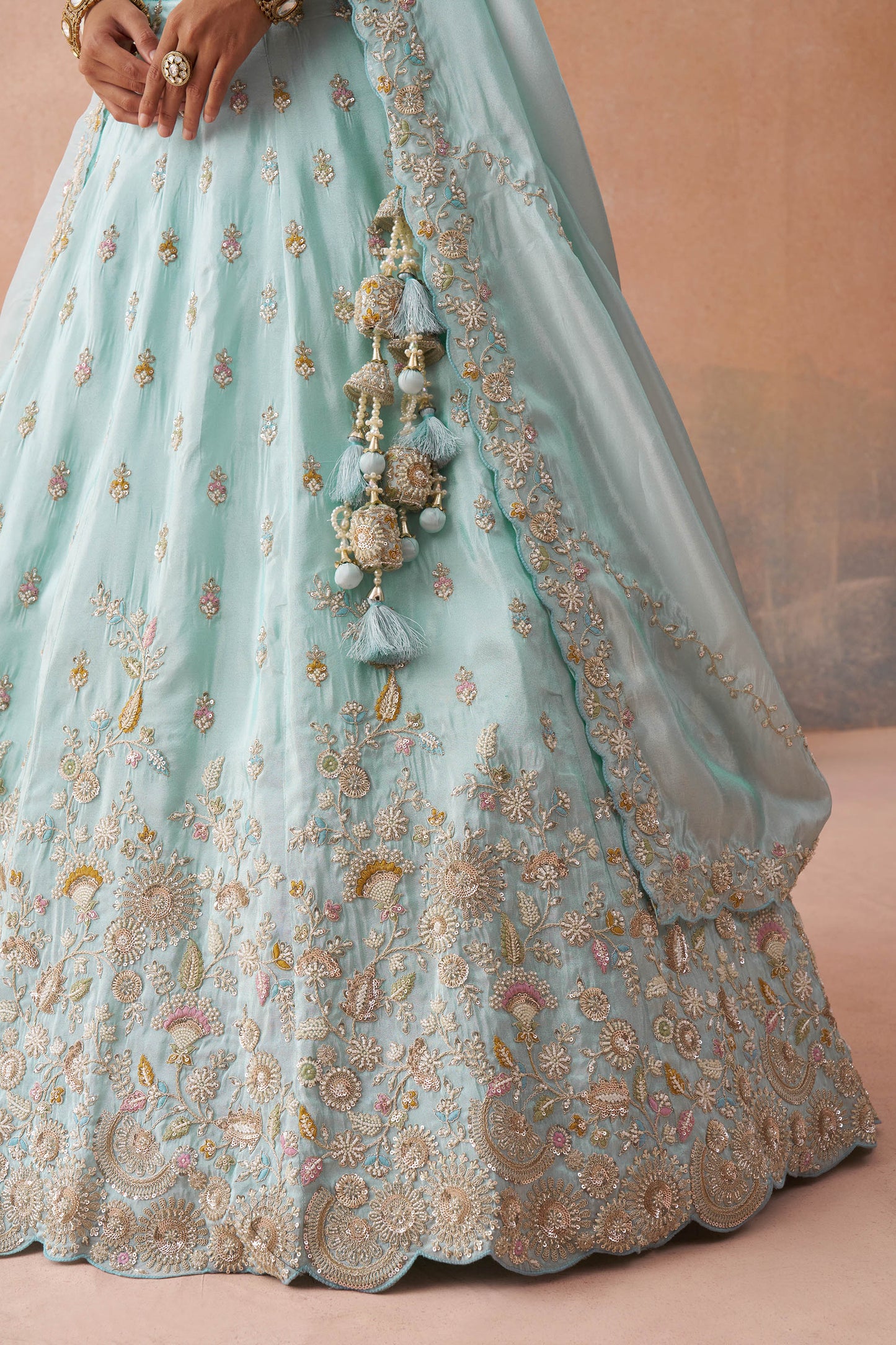 Sky Blue Tissue Beads & Sequins Embroidered Bridesmaid Lehenga