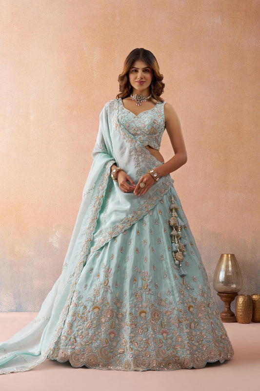 Sky Blue Tissue Beads & Sequins Embroidered Bridesmaid Lehenga