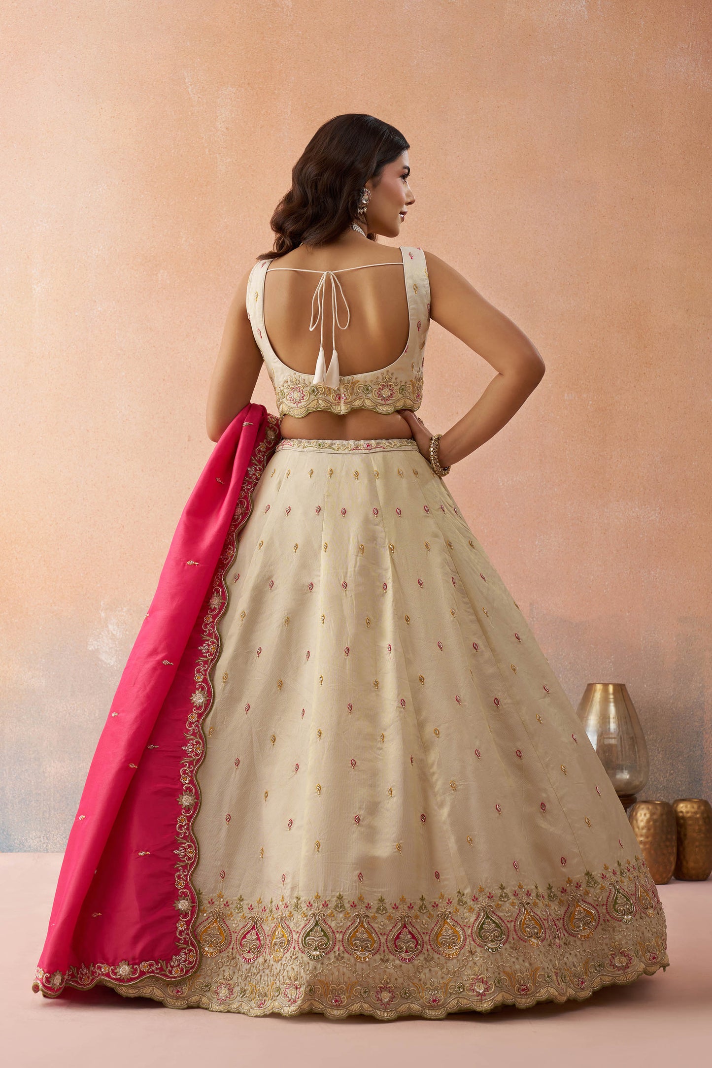 Cream & Pink Cosmos Silk Beads & Sequins Embroidered Wedding Guest Lehenga