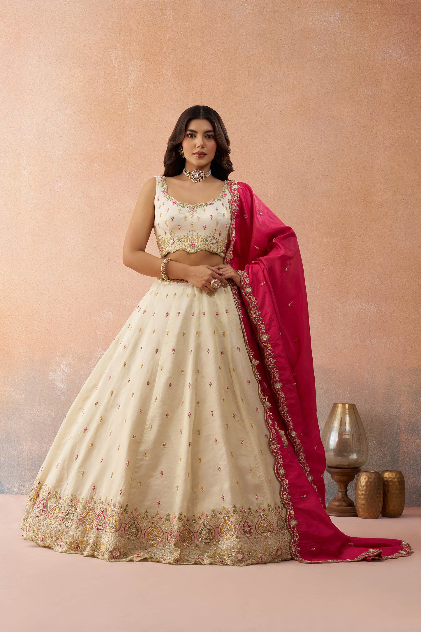 Cream & Pink Cosmos Silk Beads & Sequins Embroidered Wedding Guest Lehenga