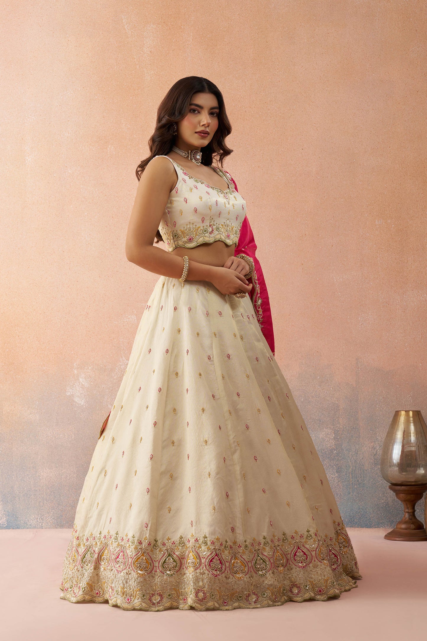Cream & Pink Cosmos Silk Beads & Sequins Embroidered Wedding Guest Lehenga