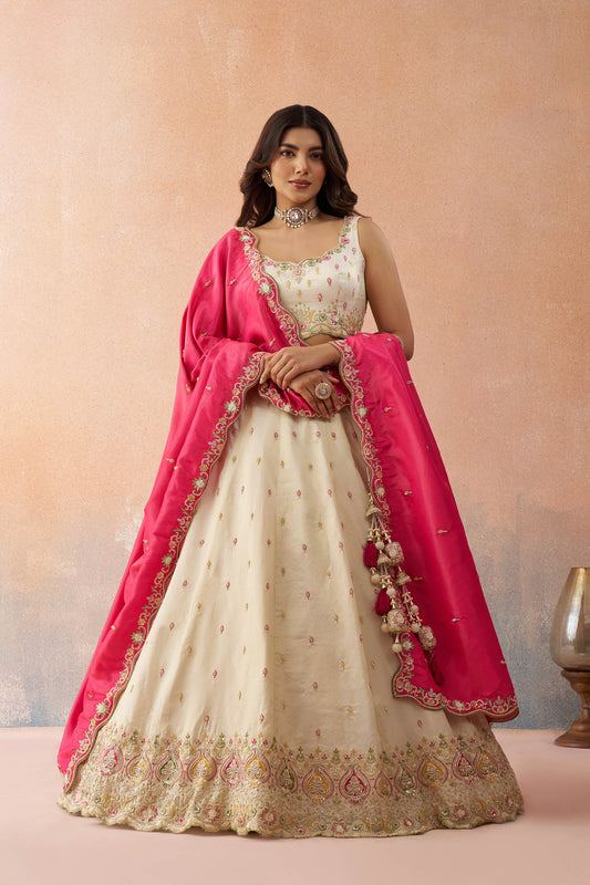 Cream & Pink Cosmos Silk Beads & Sequins Embroidered Wedding Guest Lehenga