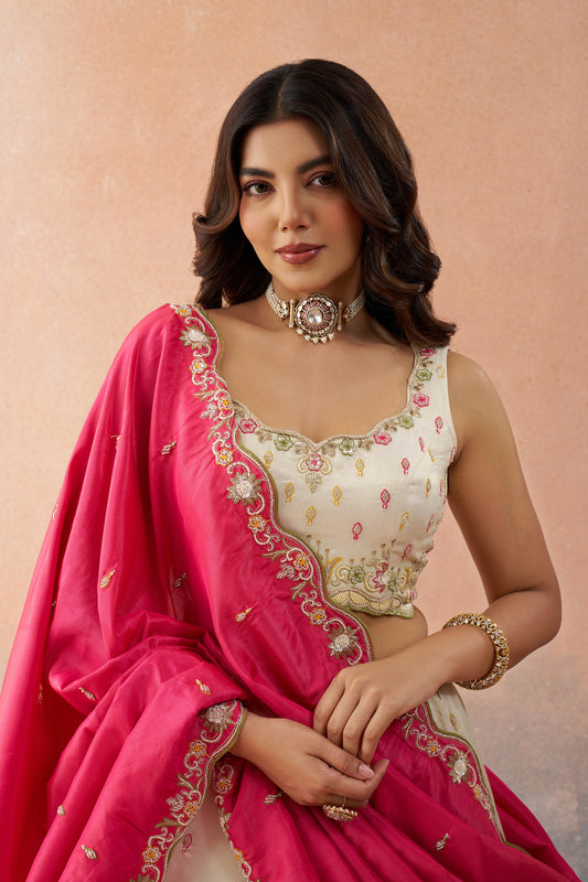 Cream & Pink Cosmos Silk Beads & Sequins Embroidered Wedding Guest Lehenga