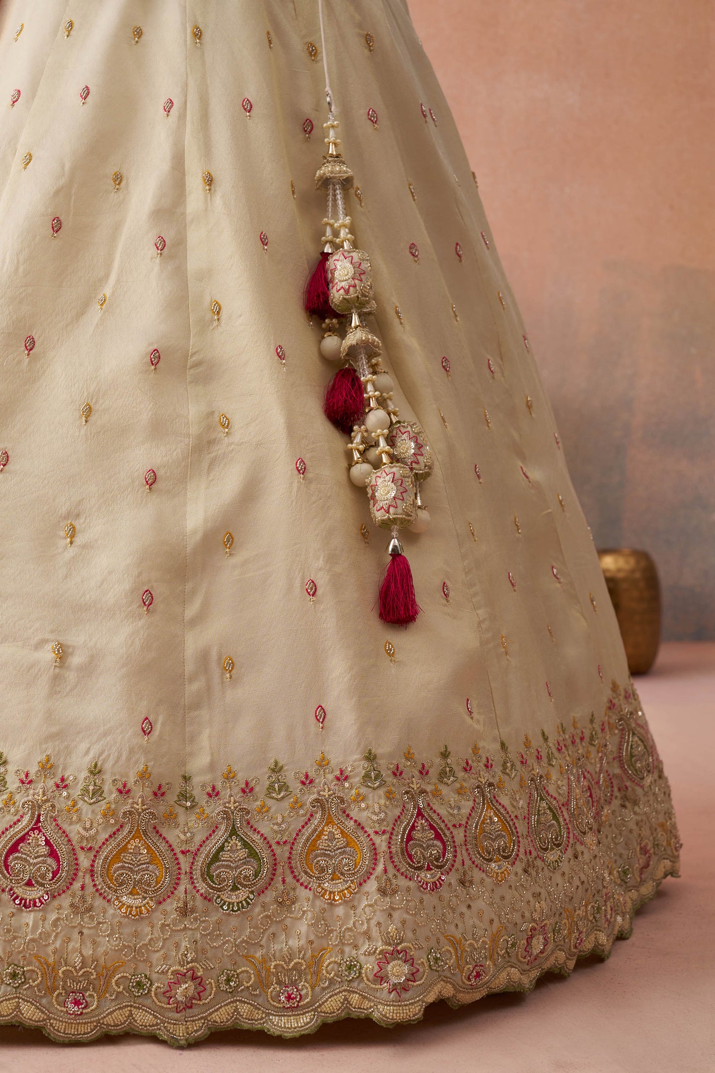 Cream & Pink Cosmos Silk Beads & Sequins Embroidered Wedding Guest Lehenga