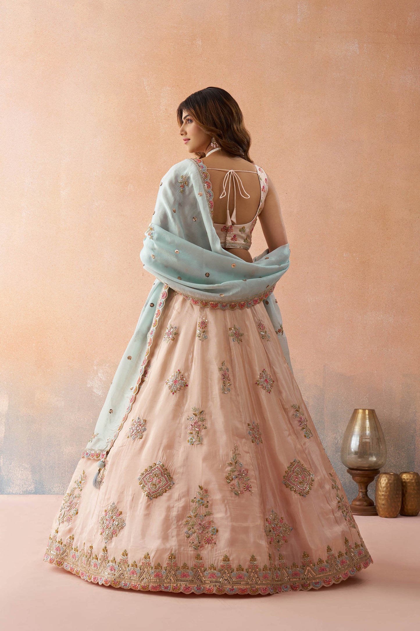 Peach Tissue Sequins & Zari Embroidered Wedding Guest Lehenga