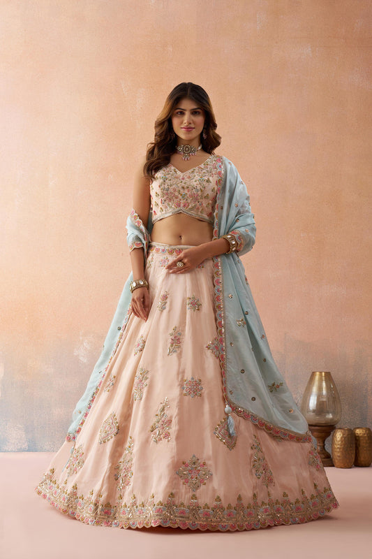 Peach Tissue Sequins & Zari Embroidered Wedding Guest Lehenga