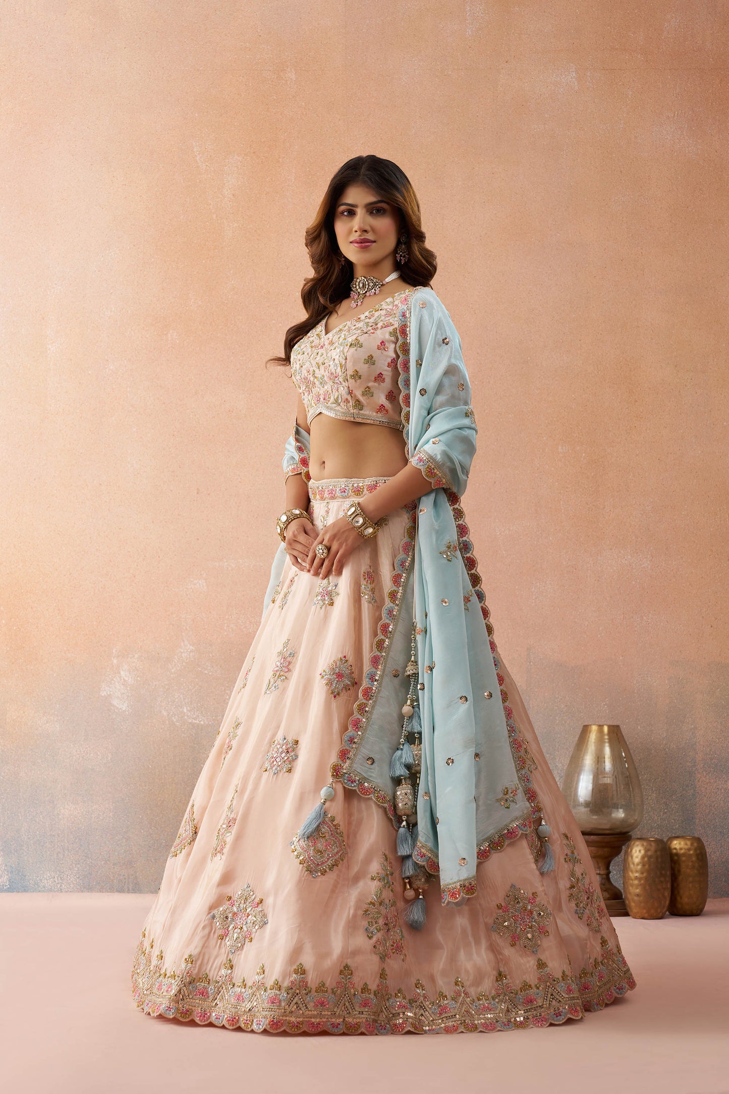 Peach Tissue Sequins & Zari Embroidered Wedding Guest Lehenga