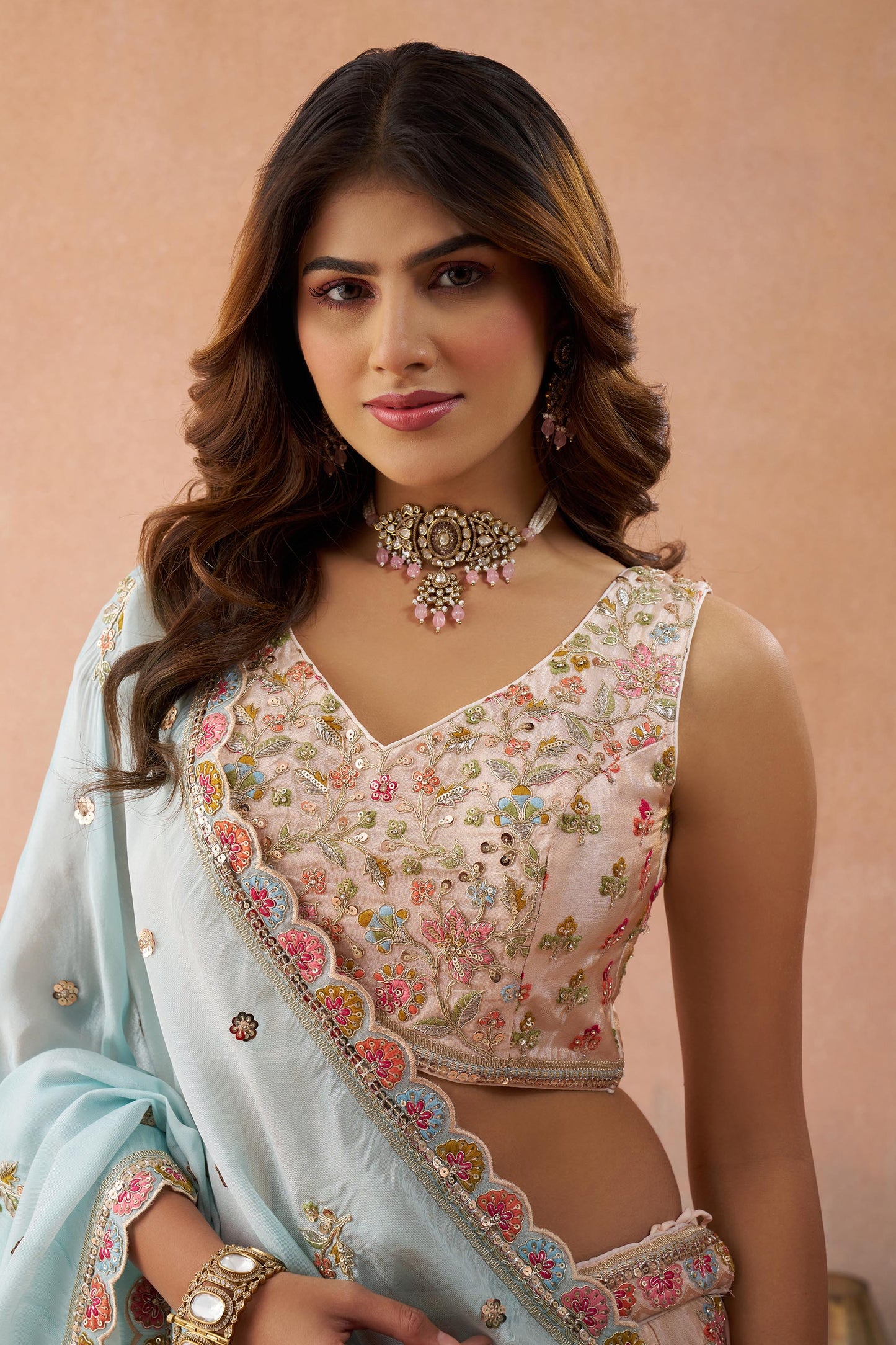 Peach Tissue Sequins & Zari Embroidered Wedding Guest Lehenga