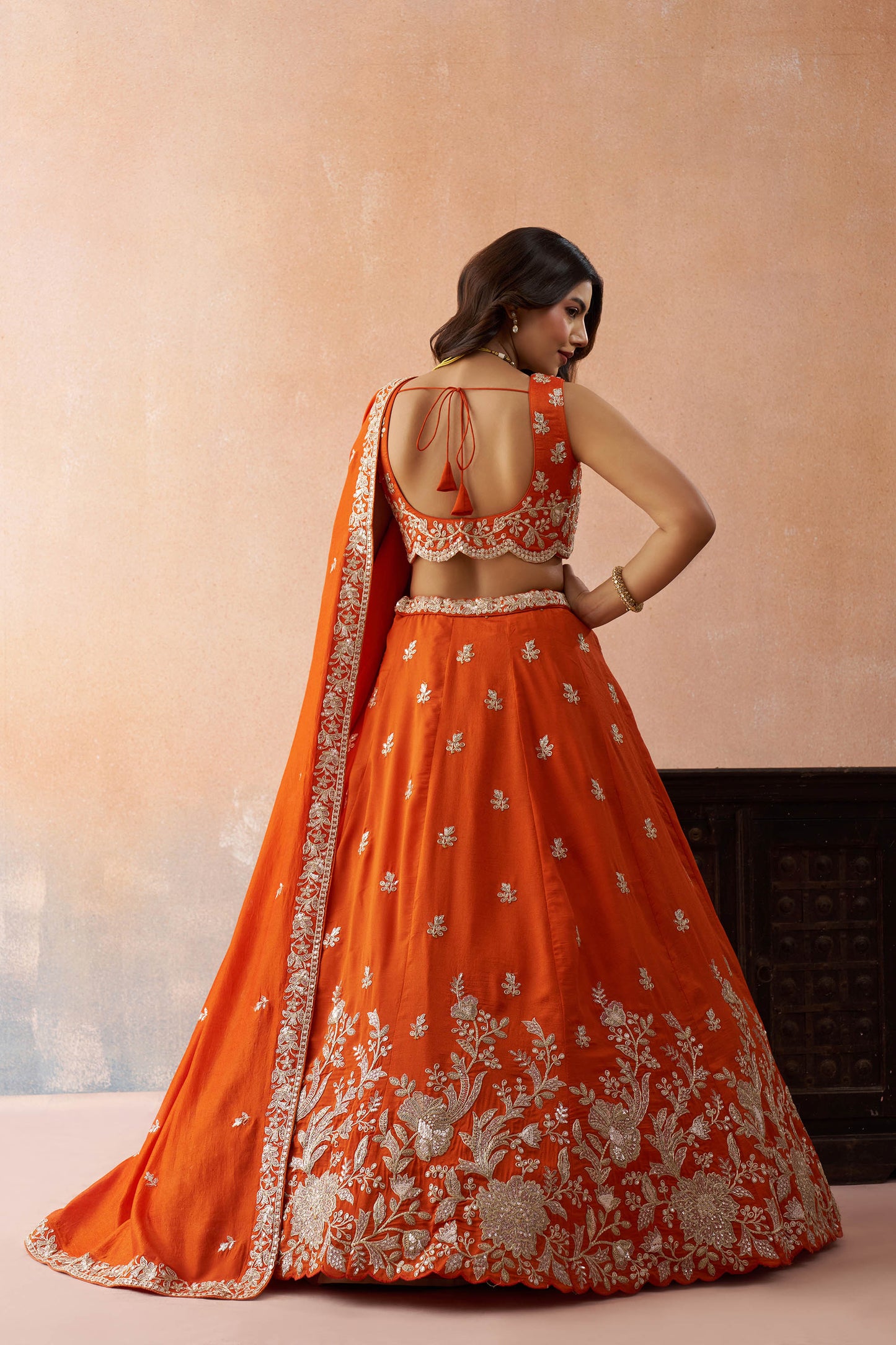 Orange Tissue Sequinned with Zari Embroidered Bridal Lehenga Choli for Reception
