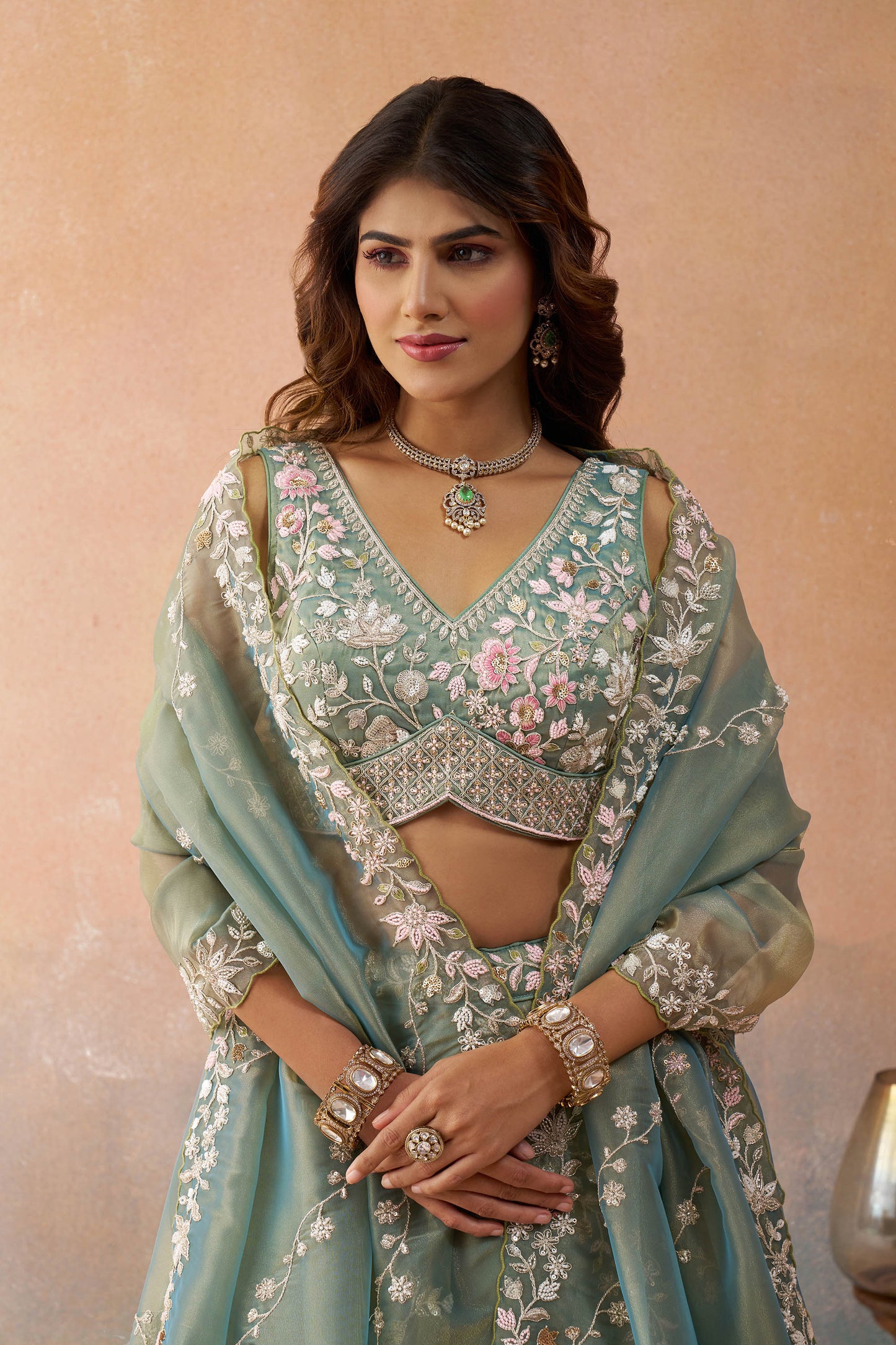 Green Tissue Beads & Sequins Embroidered Bridesmaid Lehenga