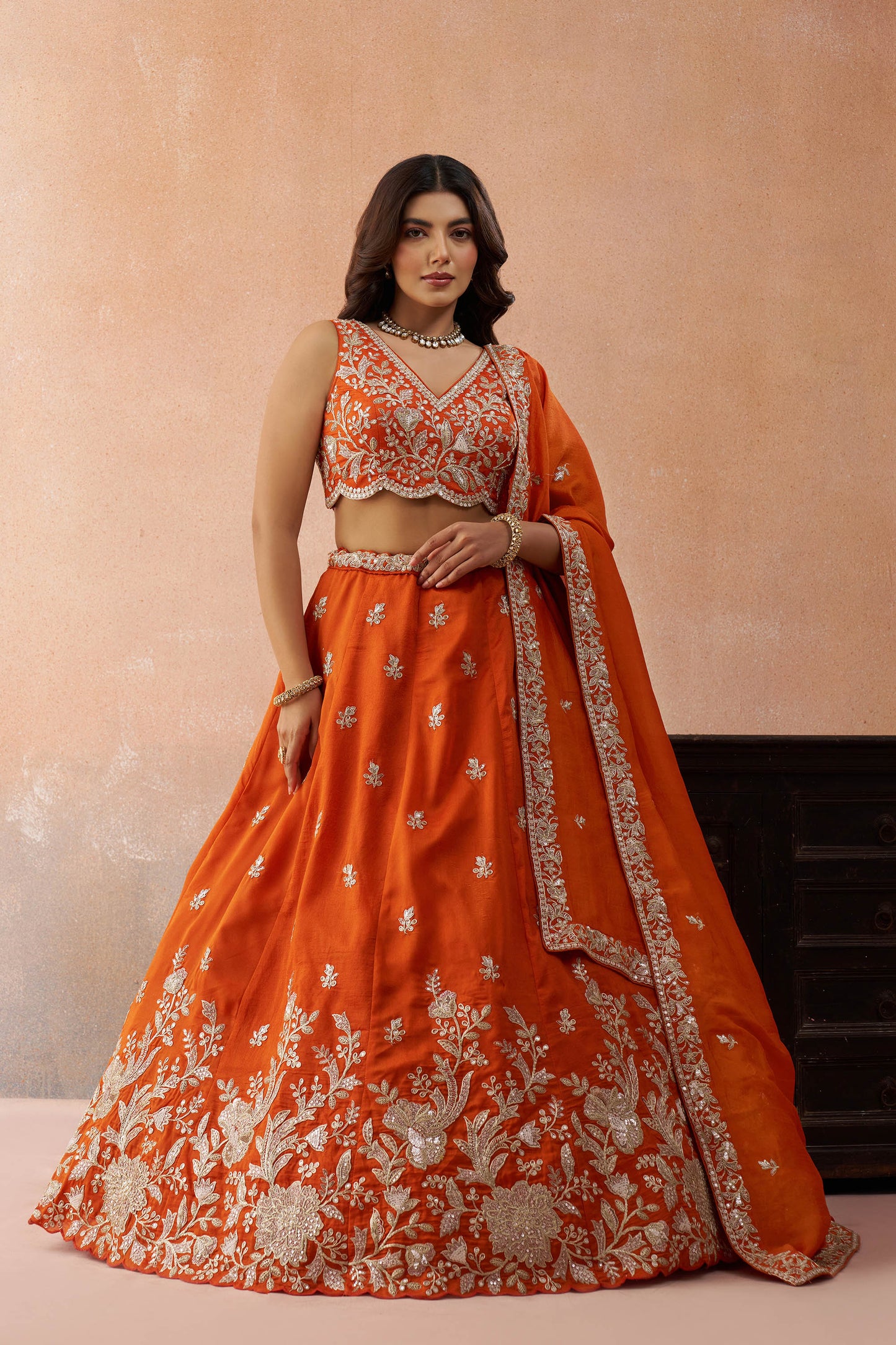 Orange Tissue Sequinned with Zari Embroidered Bridal Lehenga Choli for Reception