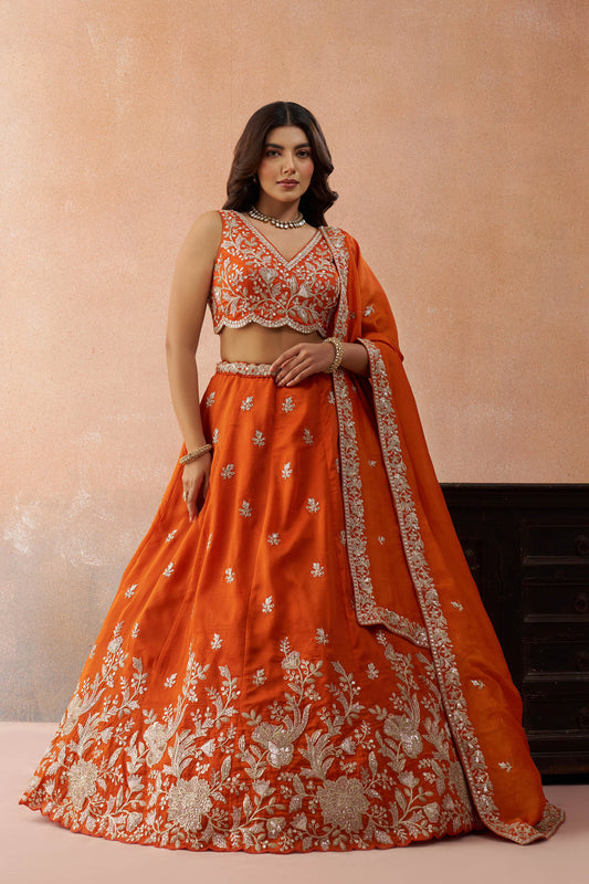 Orange Tissue Sequinned with Zari Embroidered Bridal Lehenga Choli for Reception