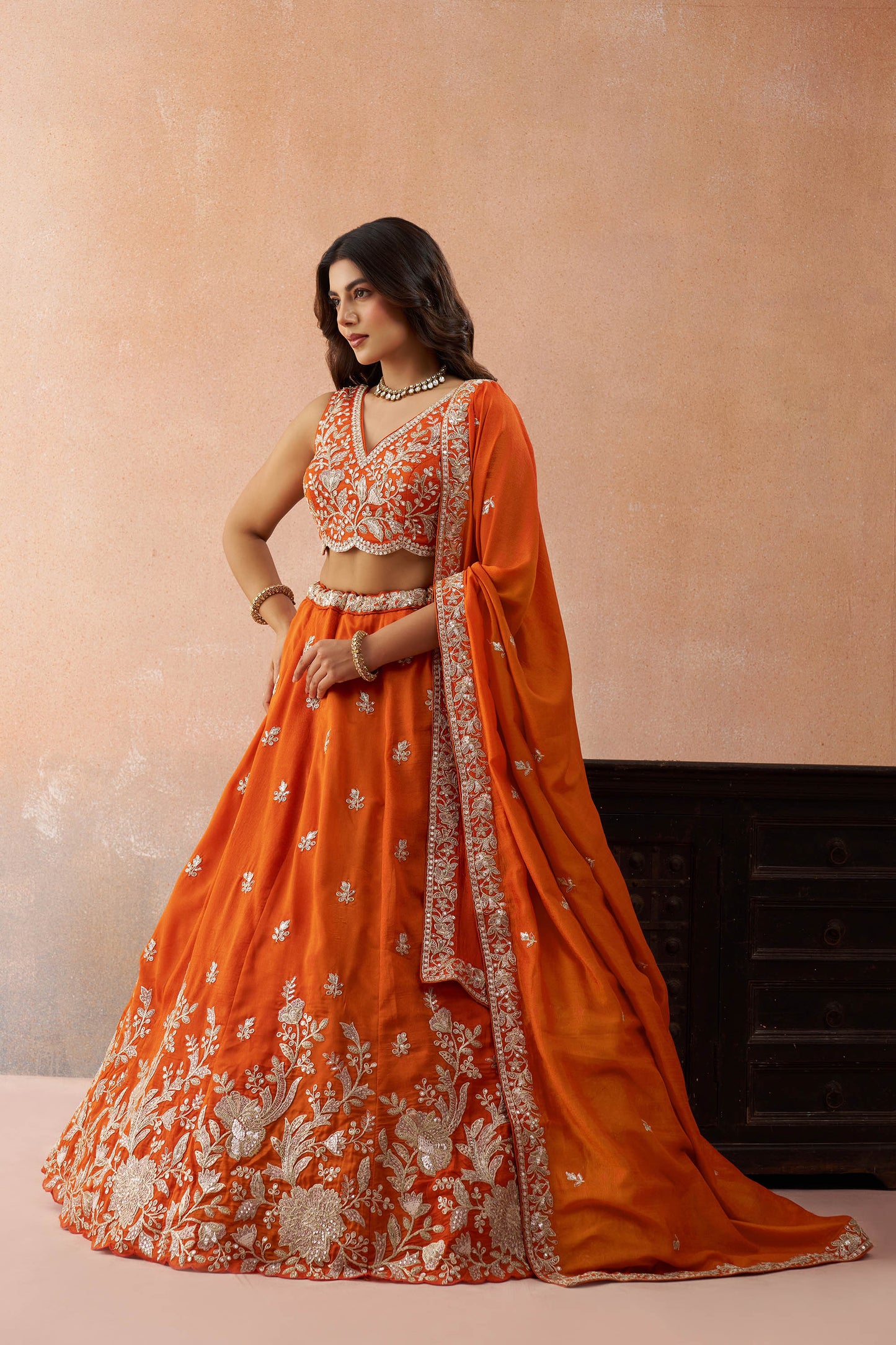 Orange Tissue Sequinned with Zari Embroidered Bridal Lehenga Choli for Reception