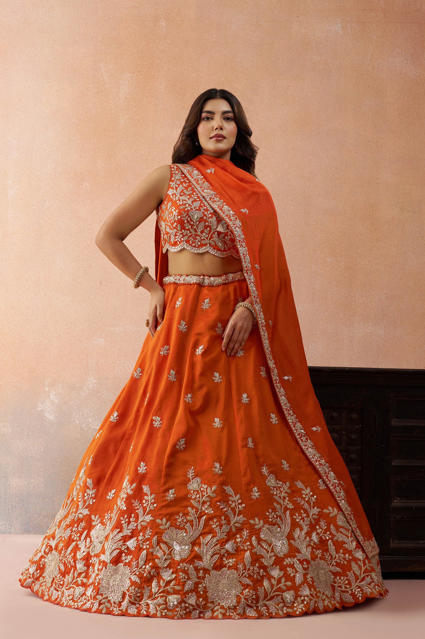 Orange Tissue Sequinned with Zari Embroidered Bridal Lehenga Choli for Reception