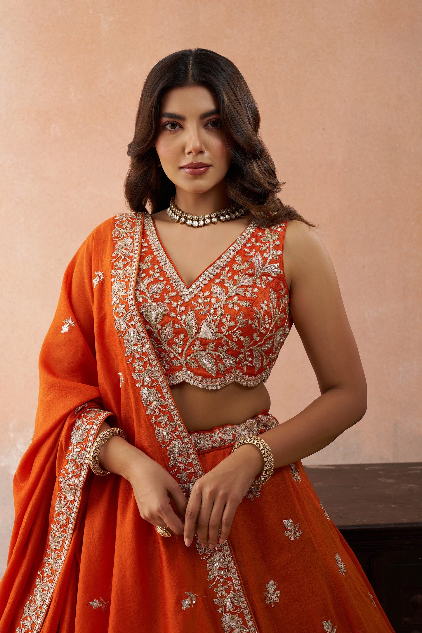 Orange Tissue Sequinned with Zari Embroidered Bridal Lehenga Choli for Reception