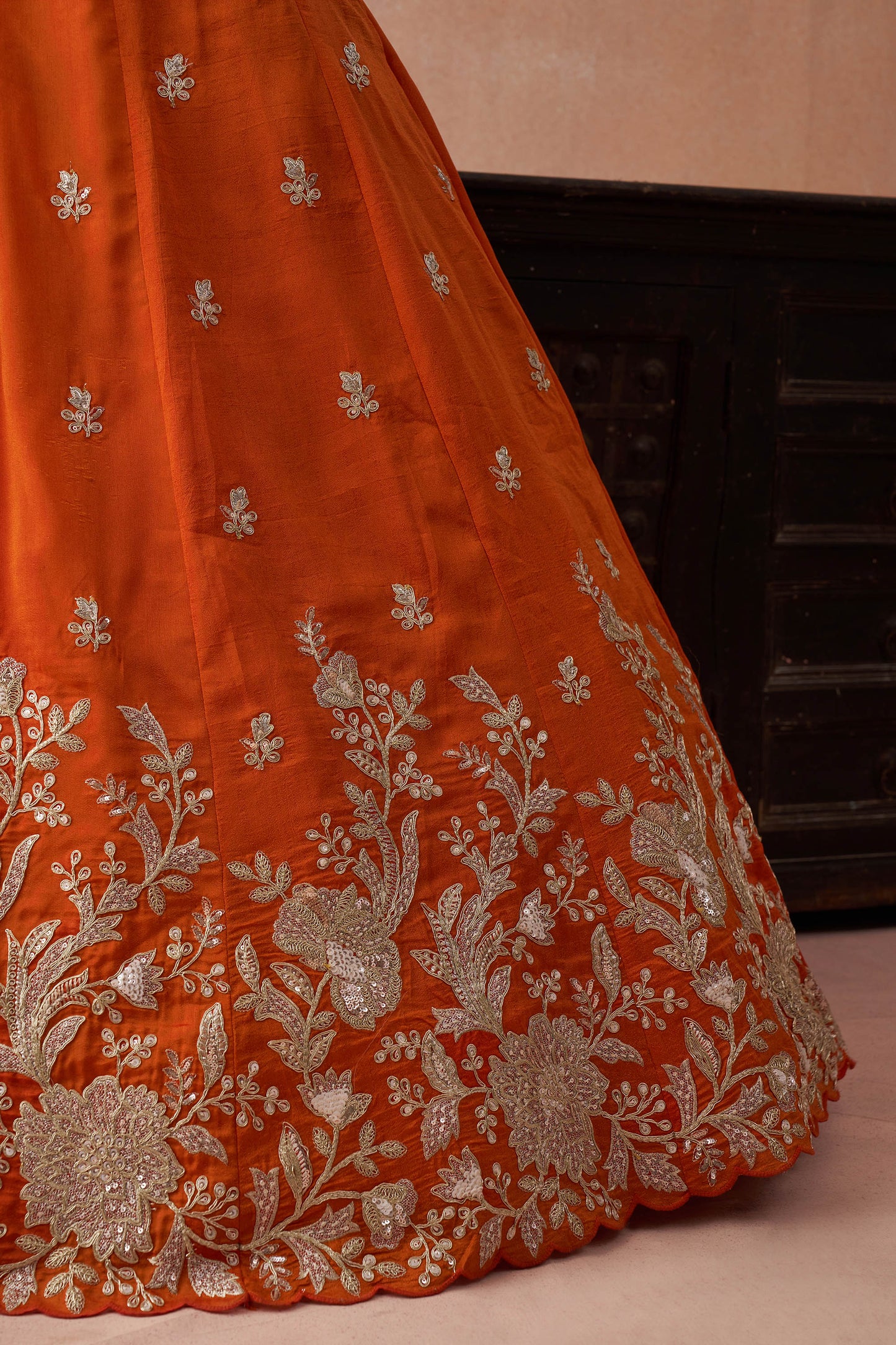 Orange Tissue Sequinned with Zari Embroidered Bridal Lehenga Choli for Reception
