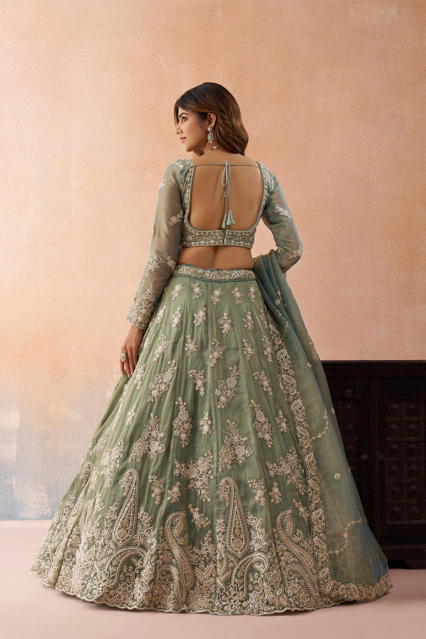 Sea Green Tissue Beads & Sequins Embroidered Bridal Lehenga for Mehendi