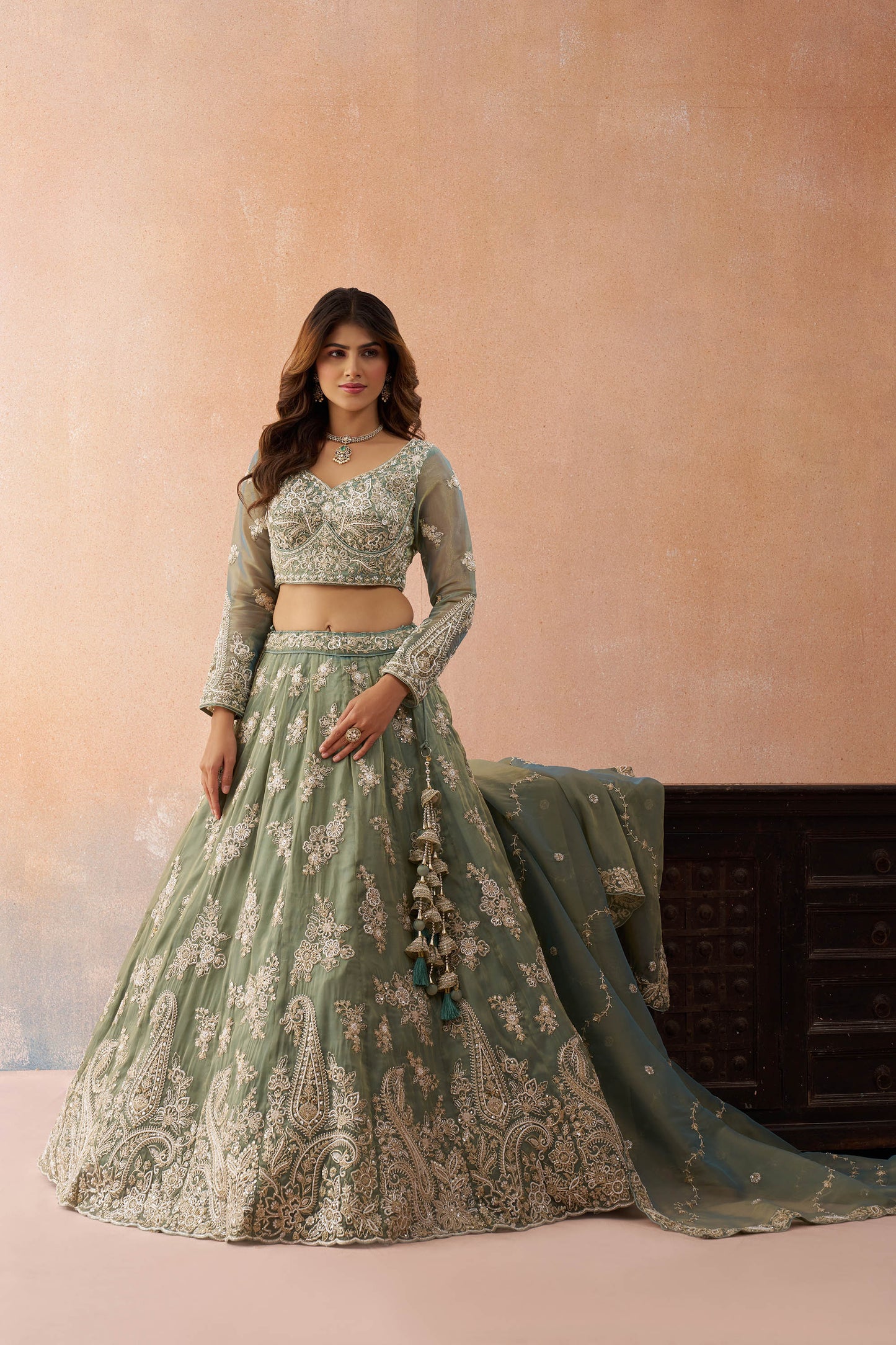 Sea Green Tissue Beads & Sequins Embroidered Bridal Lehenga for Mehendi