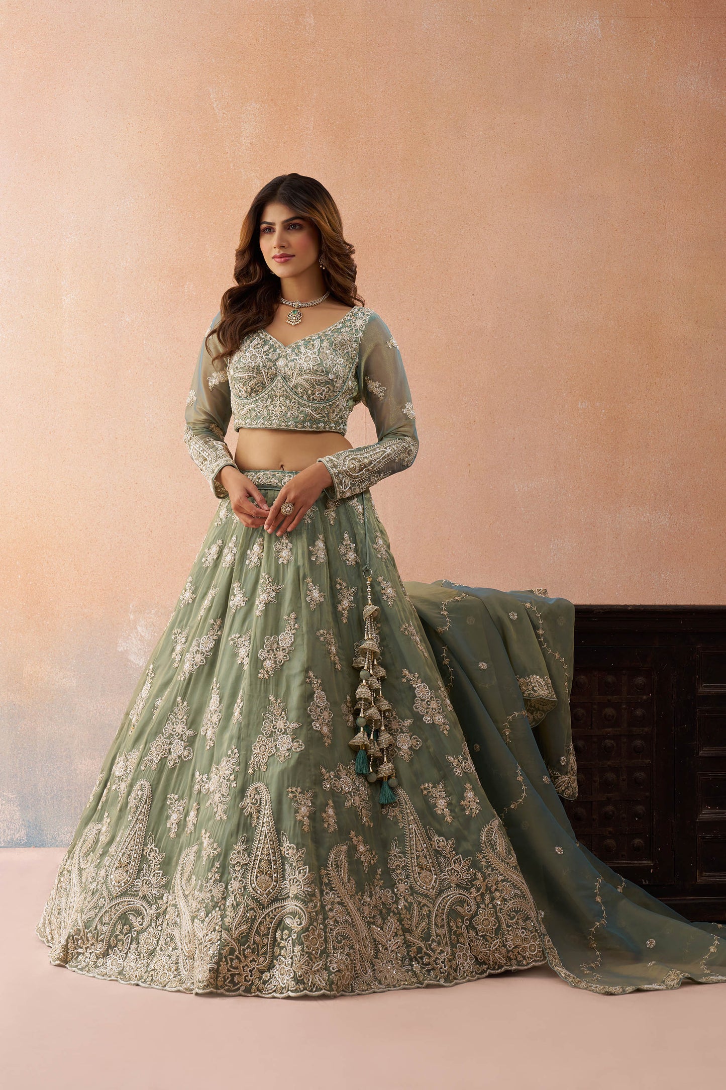 Sea Green Tissue Beads & Sequins Embroidered Bridal Lehenga for Mehendi