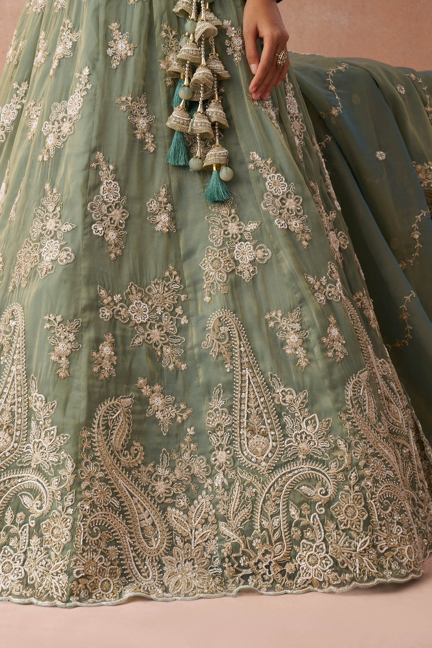 Sea Green Tissue Beads & Sequins Embroidered Bridal Lehenga for Mehendi
