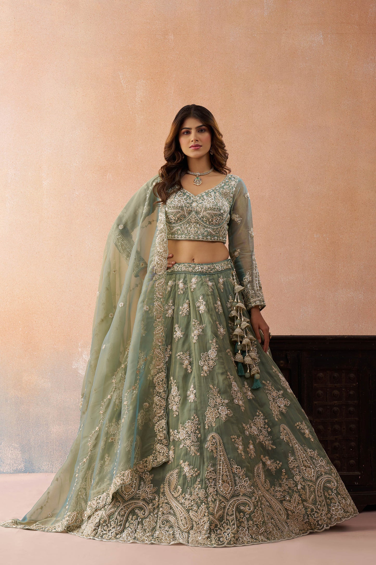 Sea Green Tissue Beads & Sequins Embroidered Bridal Lehenga for Mehendi