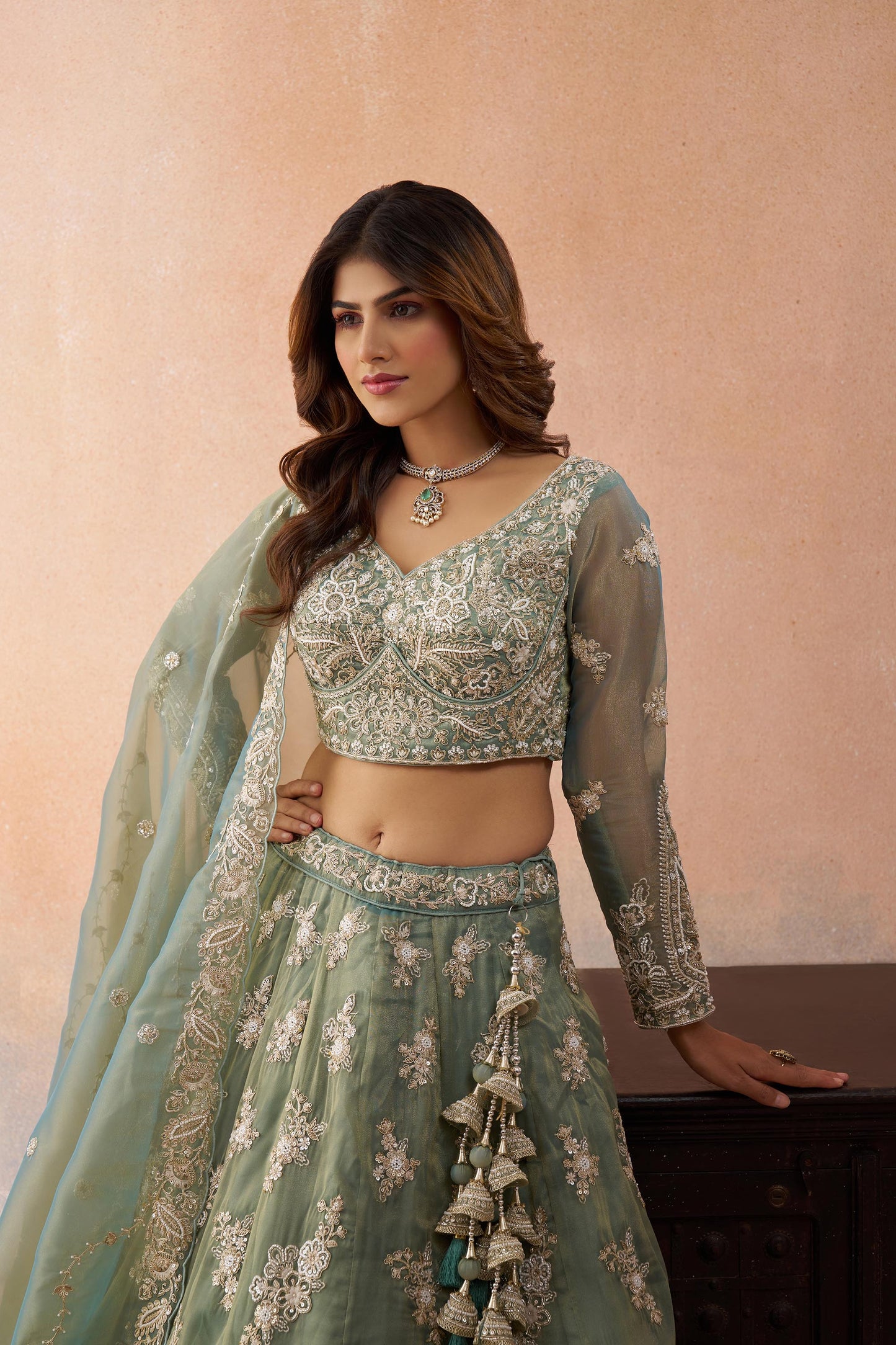 Sea Green Tissue Beads & Sequins Embroidered Bridal Lehenga for Mehendi