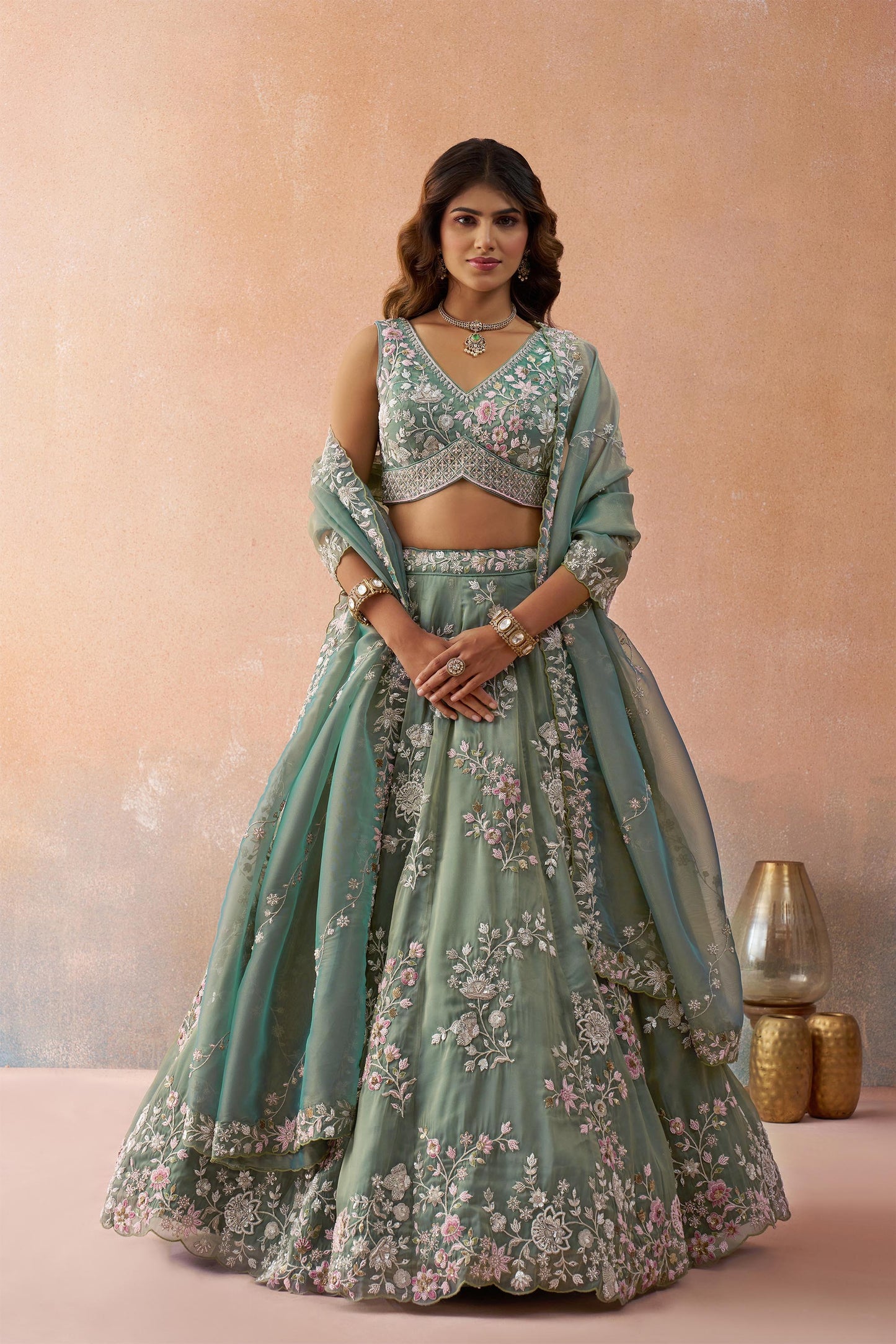 Green Tissue Beads & Sequins Embroidered Bridesmaid Lehenga
