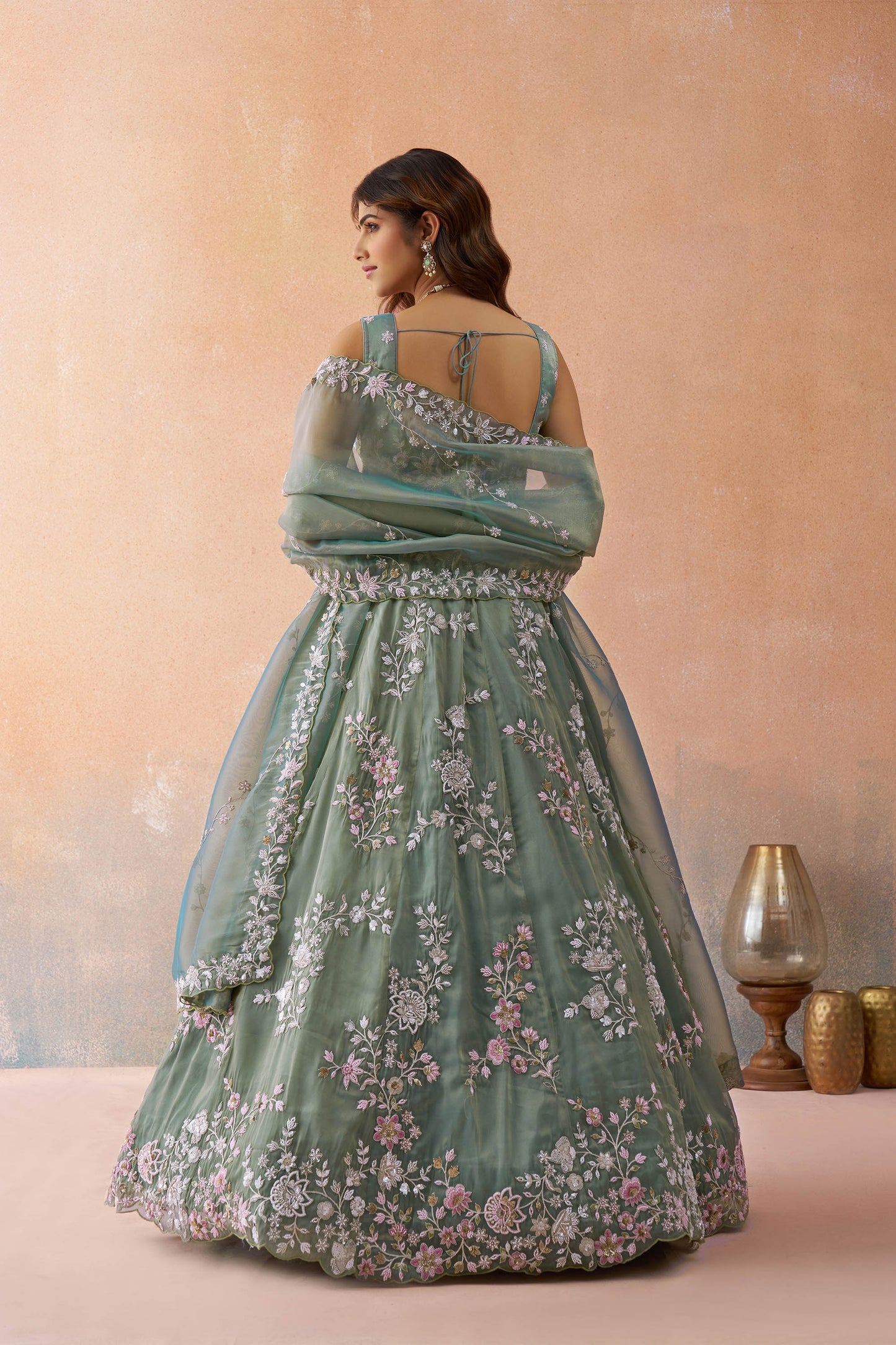Green Tissue Beads & Sequins Embroidered Bridesmaid Lehenga