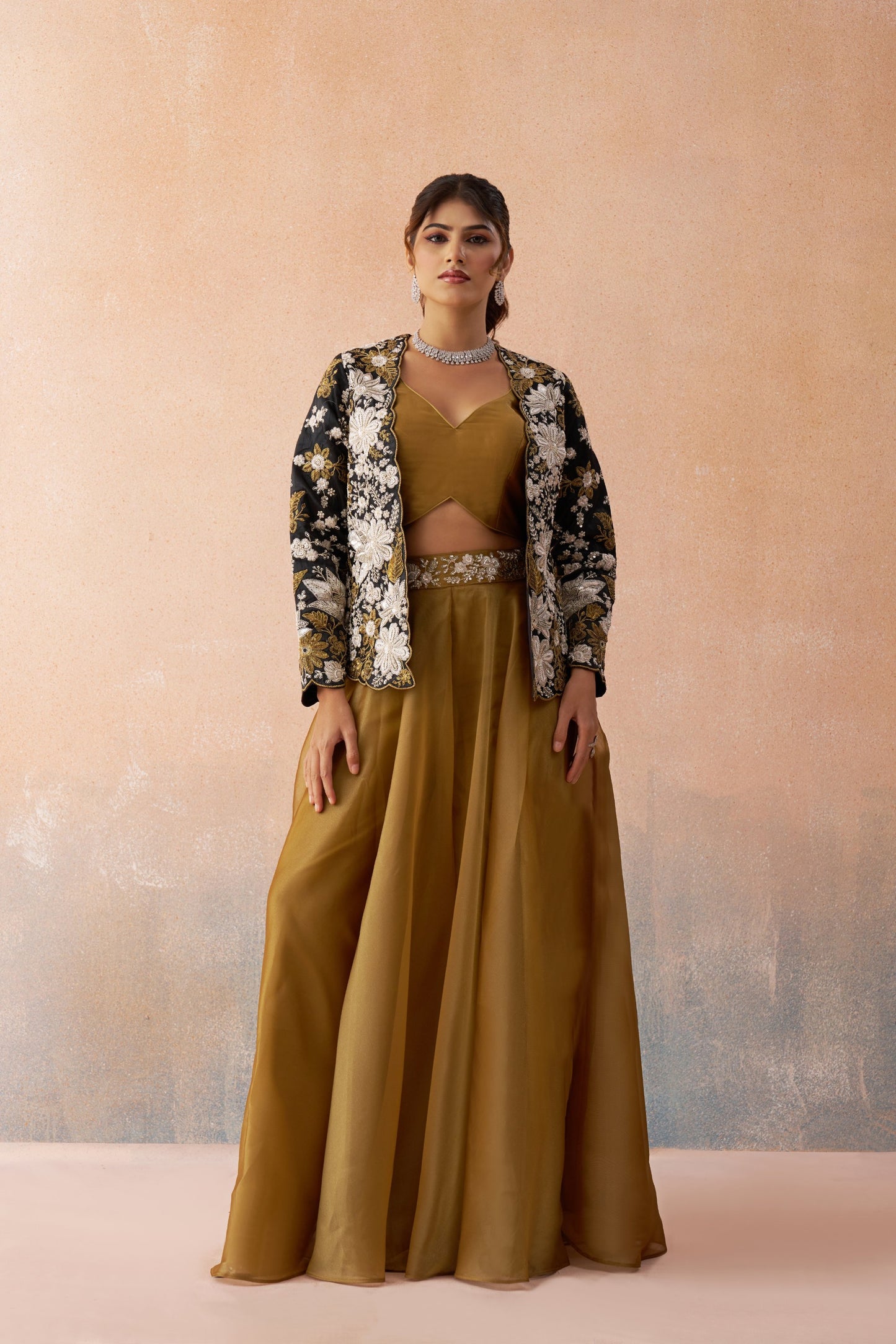 Golden Mustard & Black Tissue Floral Embroidered Festive Crop Top